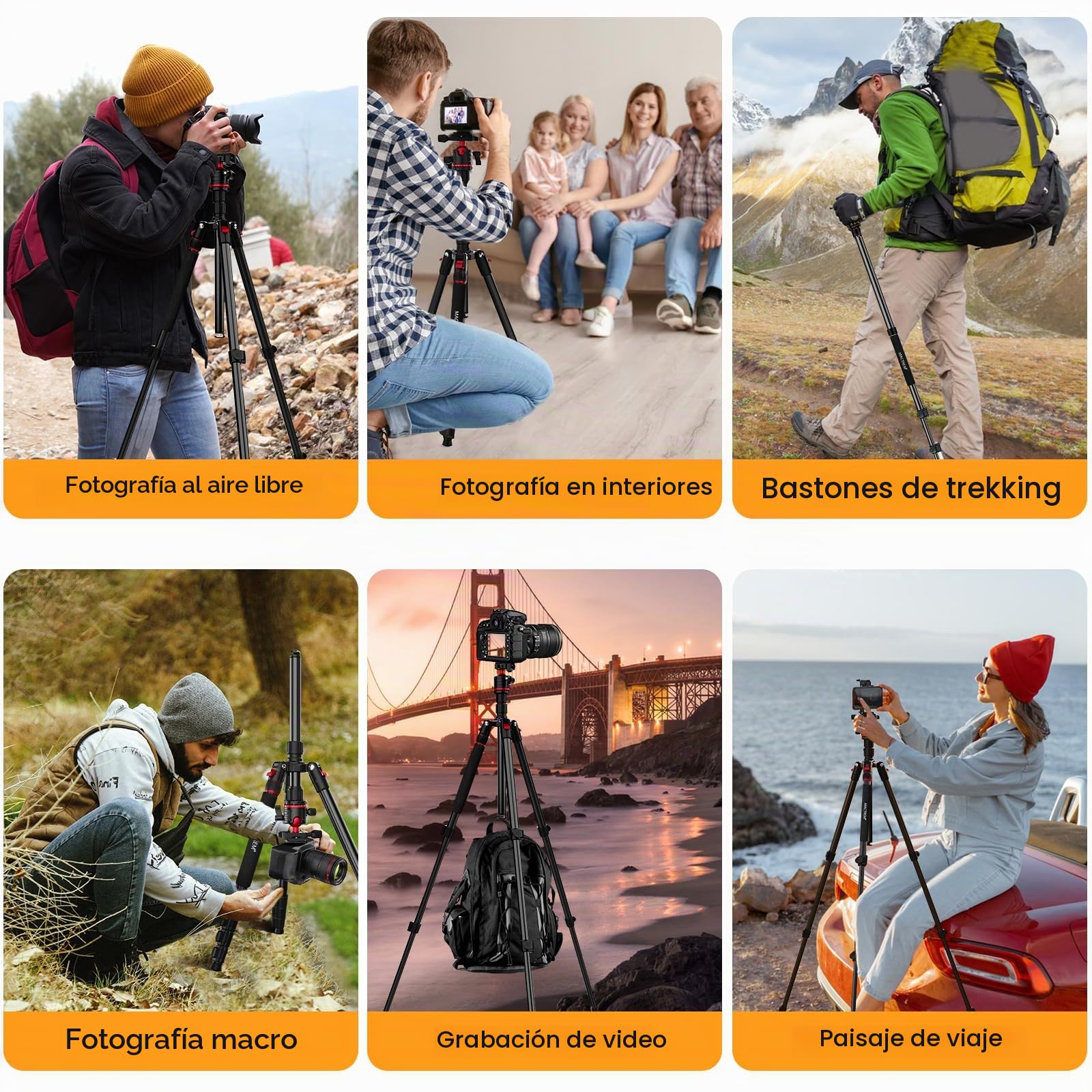 Trípode de Viaje MACTREM de 67"/172 cm con Rótula de 360°, Monopie Aluminio Ligero para Cámara, Smartphone, iPad, Canon, Nikon, Sony, Prismáticos, Nivel Láser y Telescopio | Para Cámara Móvil Tablet Canon Nikon Sony, Prismáticos, Nivel Láser, Telescopio,
