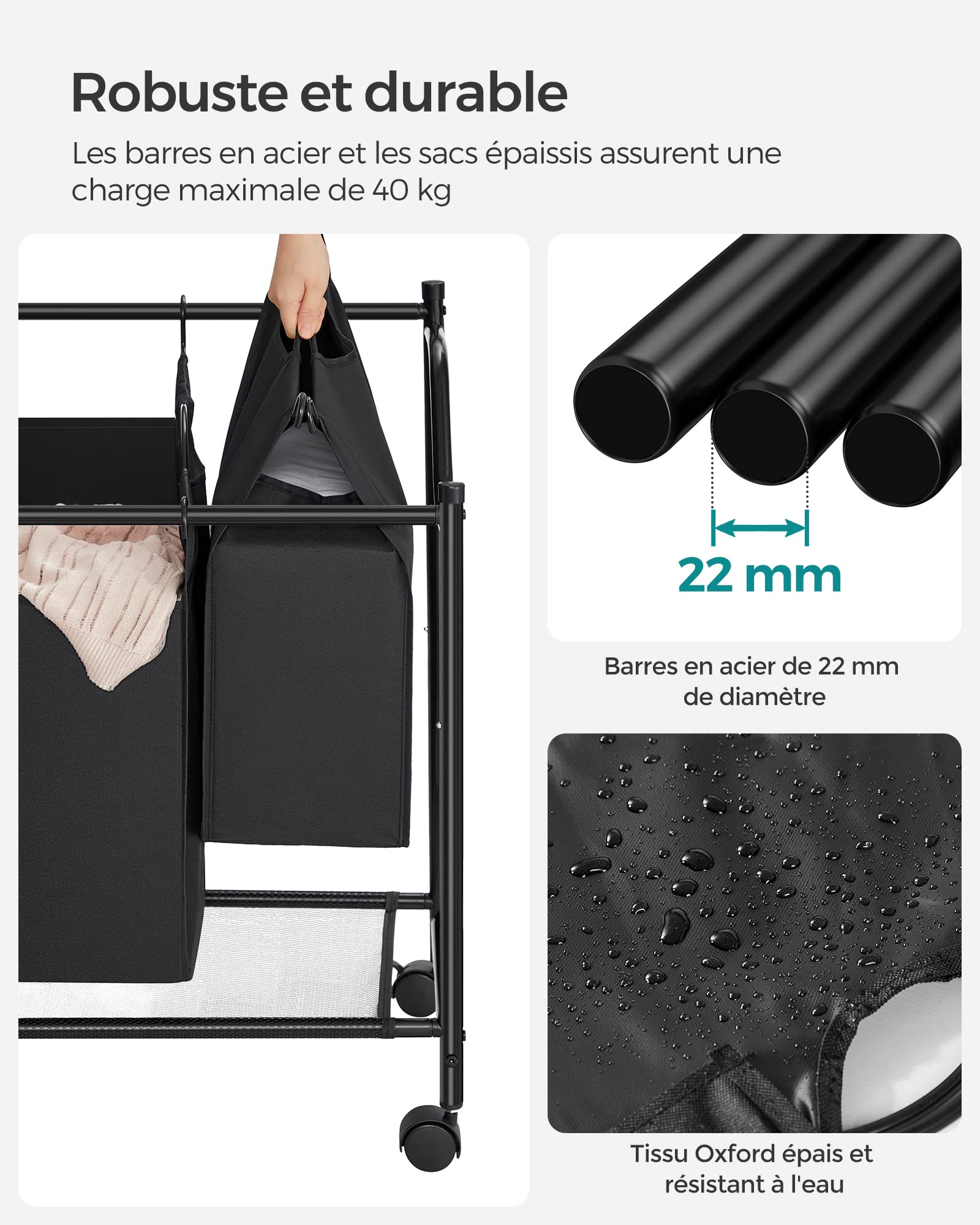 SONGMICS Panier à Linge Mobile, Chariot Linge Sale, Corbeille avec 4 Sacs Amovibles, avec Roulettes, pour Buanderie, Chambre, Salle de Bain, 4 x 35 L, Noir d'Encre LSF005