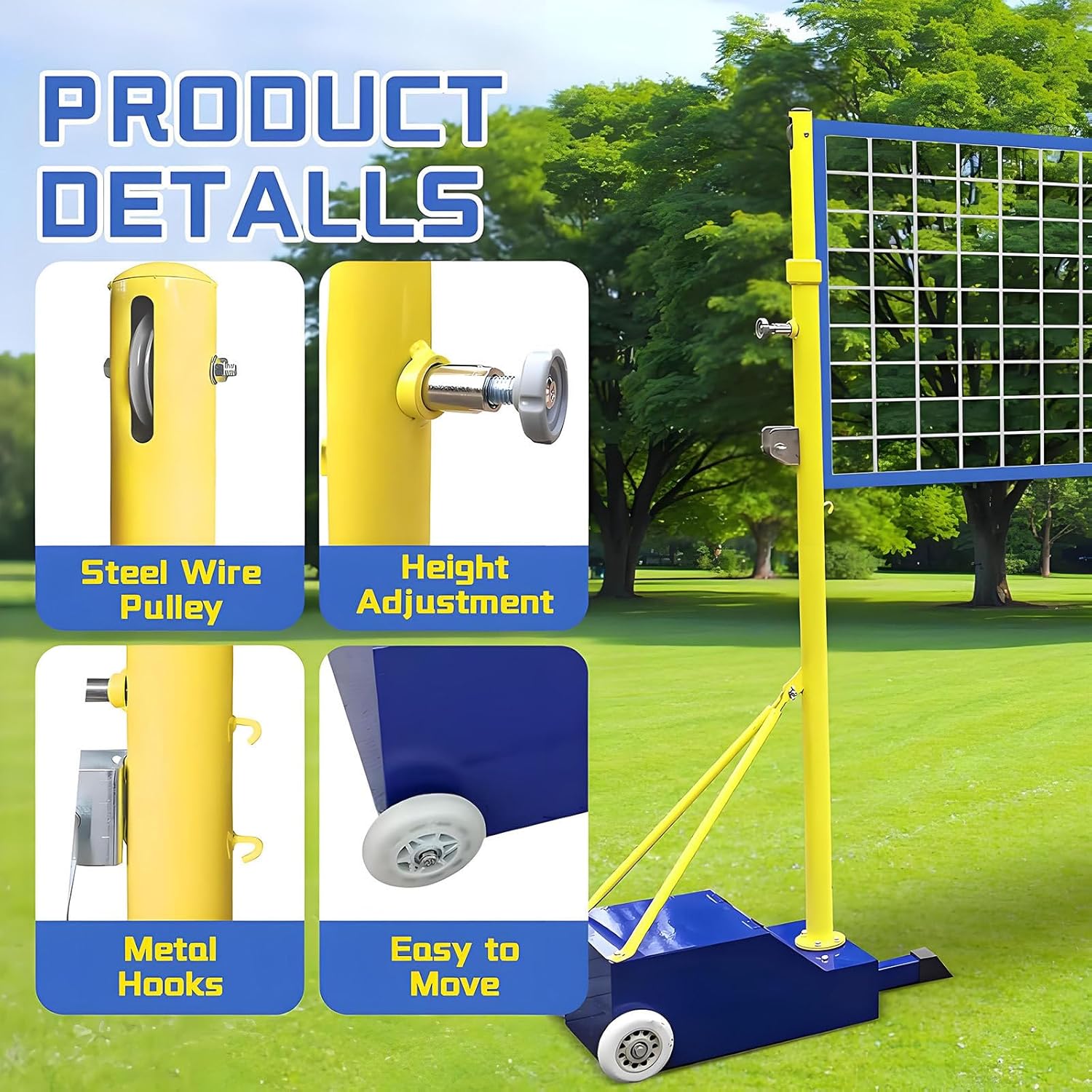 Heavy Duty Adjustable Badminton & Volleyball Poles with Rolling Base for Indoor/Outdoor Use, 5.1ft-6.9ft Height, Portable Volleyball Training Stand Set