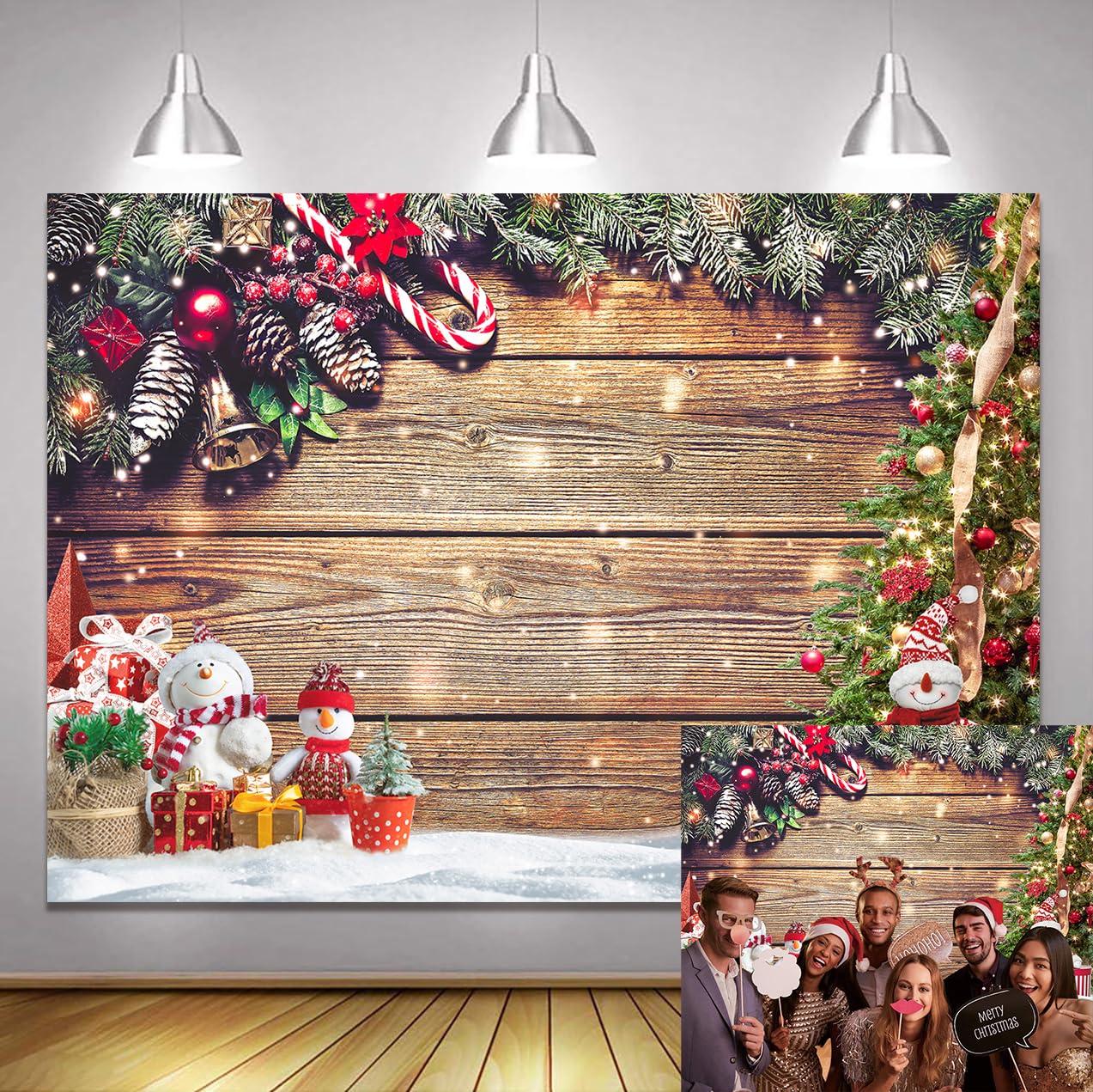 Merry Christmas Snowy Wood Winter Christmas Tree Backdrop Christmas Party Decoration Christmas Photography Background Gift Bell House Room Decoration (7X5)