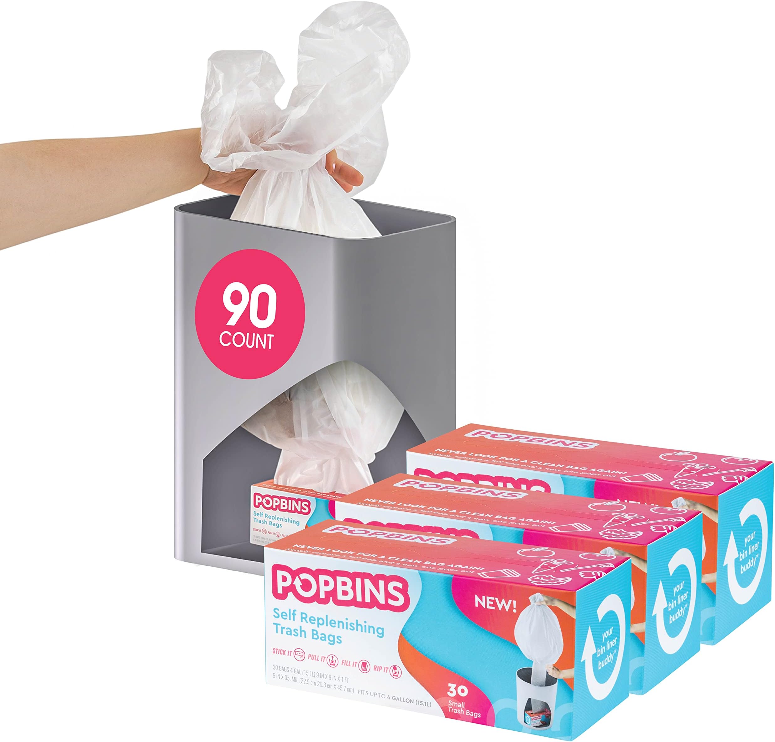 Popbins- Remove One Bag Another One Pops Right In - Clear 4 Gallon Trash Bag - 90 Count Easily Accessible Small Garbage Bags For Bathroom Trash Can And Mini Office Bins- With Patented Design