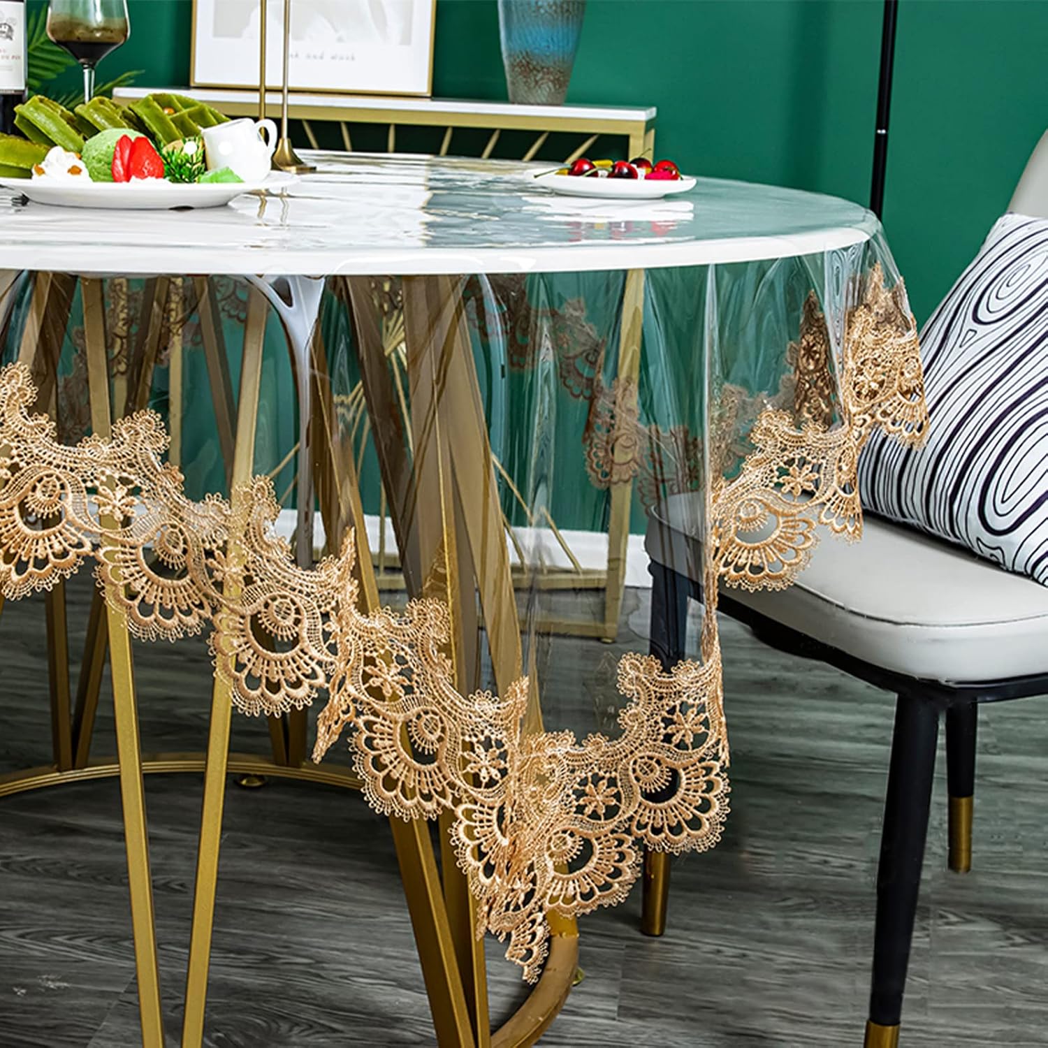 Clear Plastic Round Tablecloth Waterproof Vinyl PVC Tablecloth Embroidered Lace Edge Transparent Table Cover for Kitchen Outdoor and Indoor Uses-Round 75 inch, Brown