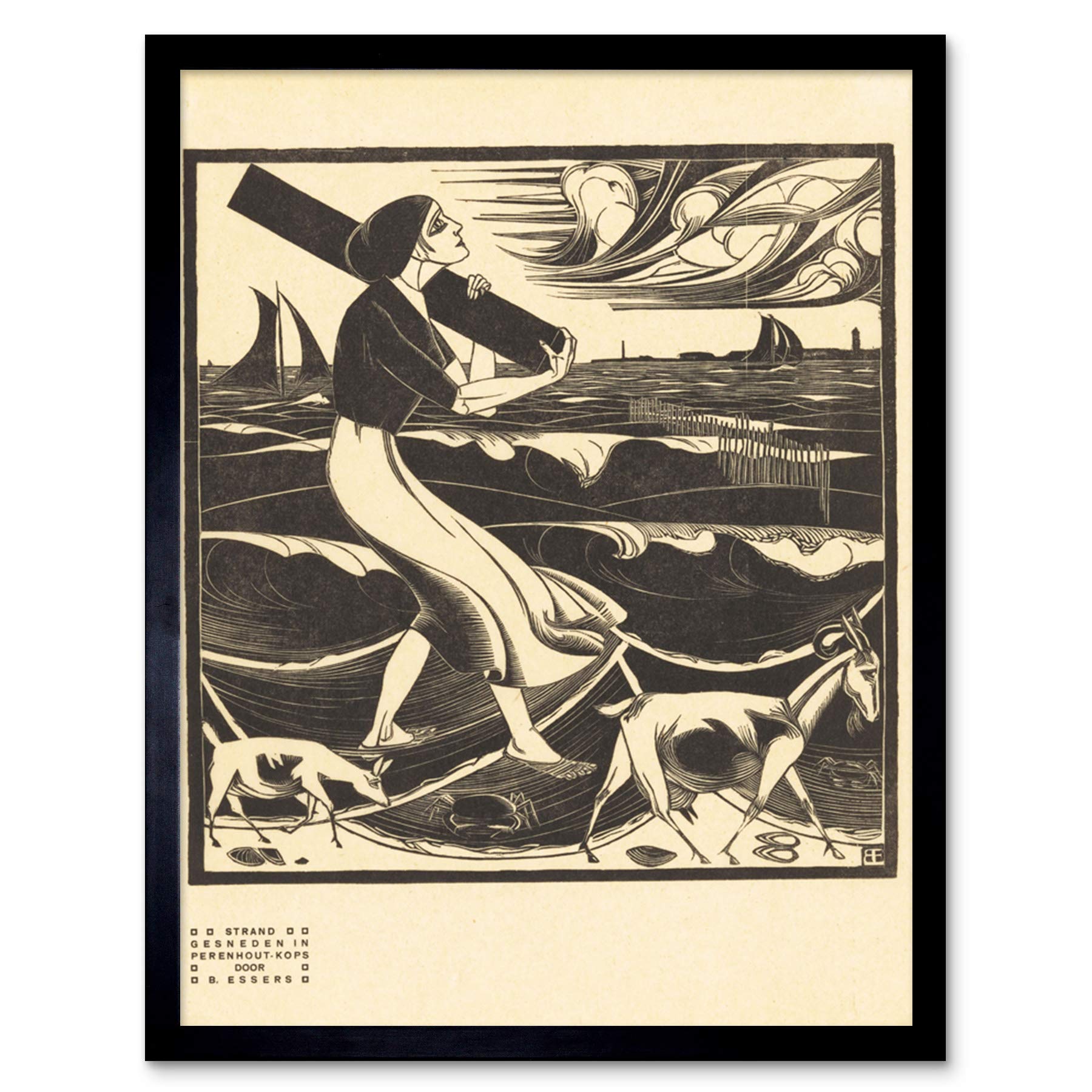 Artery8 Bernard Essers Beach Woman Goats Bw Seascape Art Print Framed Poster Wall Decor 12x16 inch