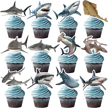 24 PCS Realistic Shark Cupcake Toppers, Shark Cupcake Cake Decorations Ocean Animals Shark Birthday Party Decorations Supplies for Kids Boys Girls Baby Shower