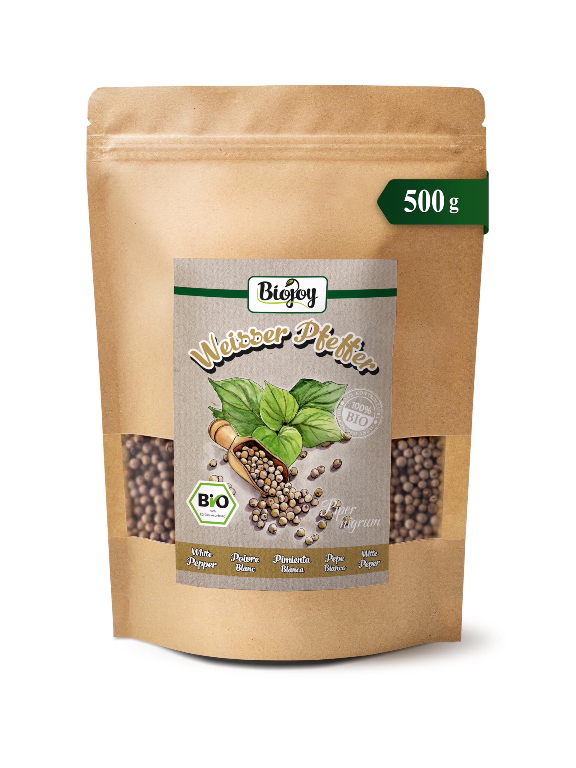 Biojoy Poivre blanc en grains BIO (500 g), Graines de Poivre blanc pour moulin, sans additifs (Piper nigrum L.)