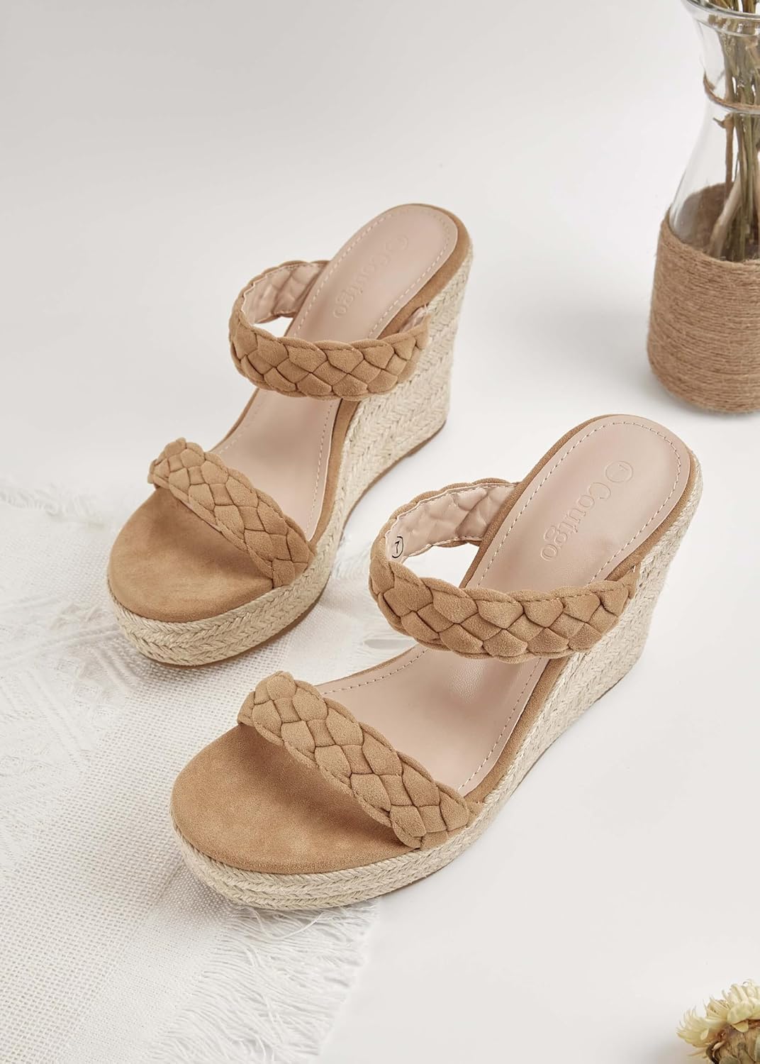 Coutgo Womens Wedge Platform Sandals Espadrilles Two Strap Woven Slip On Summer Cute Slide Sandals - Image 2
