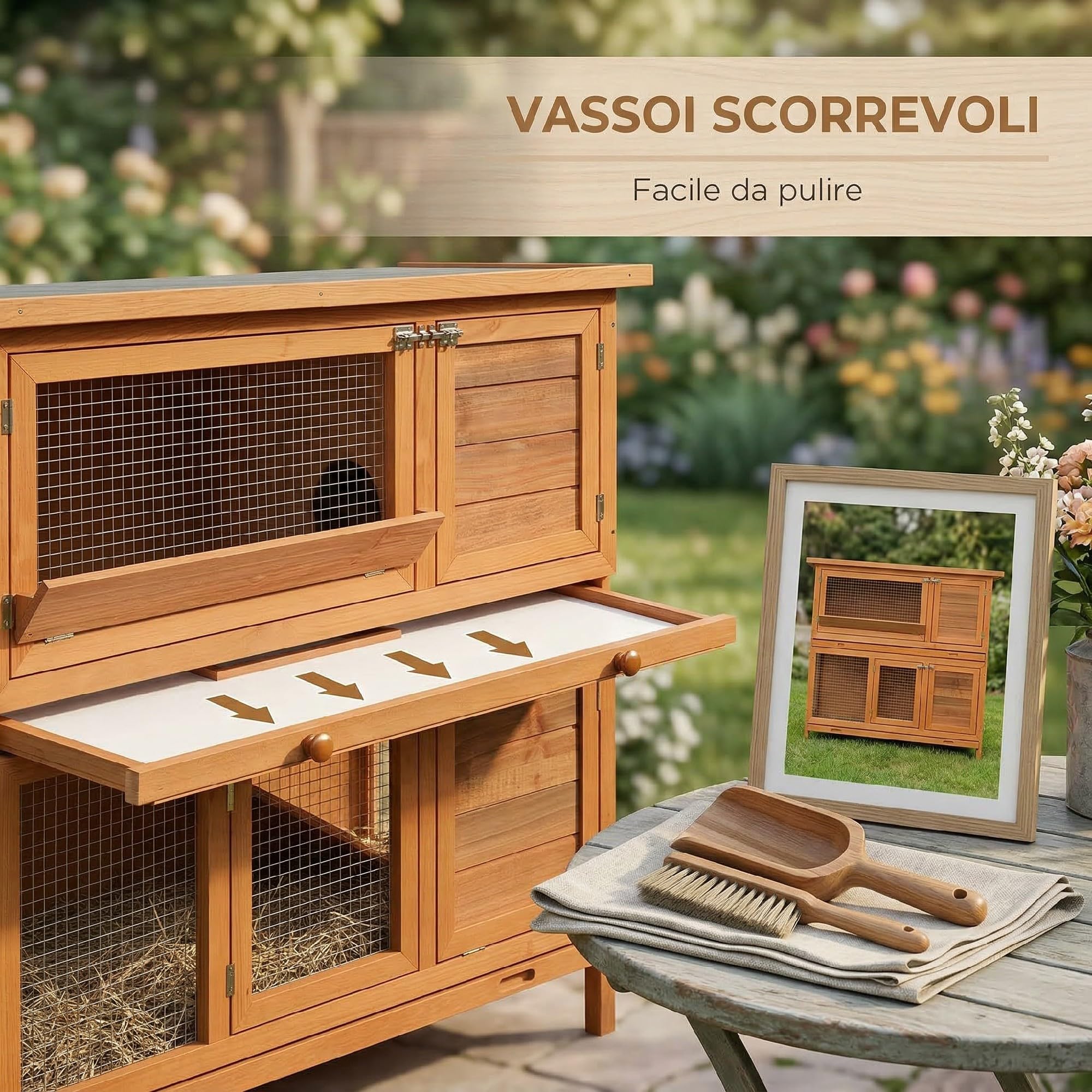 PawHut Conigliera da Esterno in Legno con Rampa a 2 Piani Casetta per Porcellini d'India e Gabbia Casetta per Conigli Animali Piccoli 122x48x100 cm