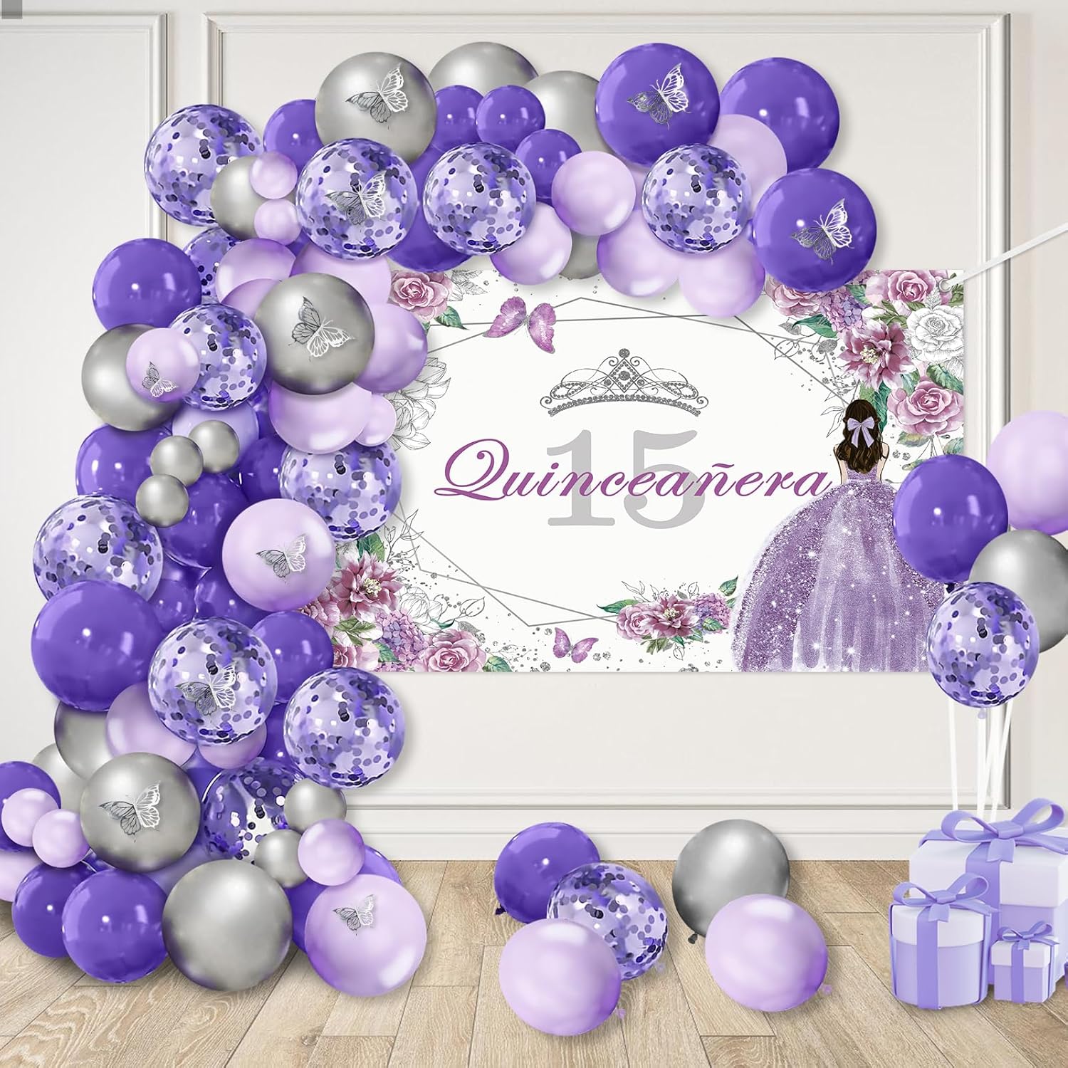 Quinceanera 15th Birthday Balloons Kit Set 80 Pieces Mis Quince Anos 15th Birthday Purple and Silver Photography Backdrop Banner Balloon Garland Arch Kit Package for Girl Bday Party Decorations