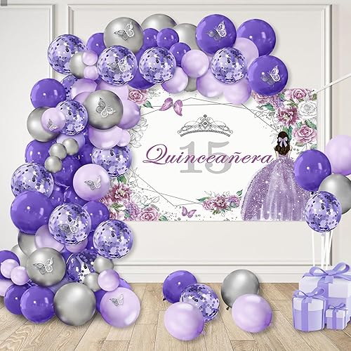 AIBIIN Juego de globos de quinceañera para cumpleaños de 15 años, 80 piezas moradas y plateadas para fotografía de cumpleaños, paquete de pancartas