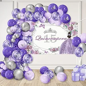 Quinceanera 15th Birthday Balloons Kit Set 80 Pieces Mis Quince Anos 15th Birthday Purple and Silver Photography Backdrop Banner Balloon Garland Arch Kit Package for Girl Bday Party Decorations