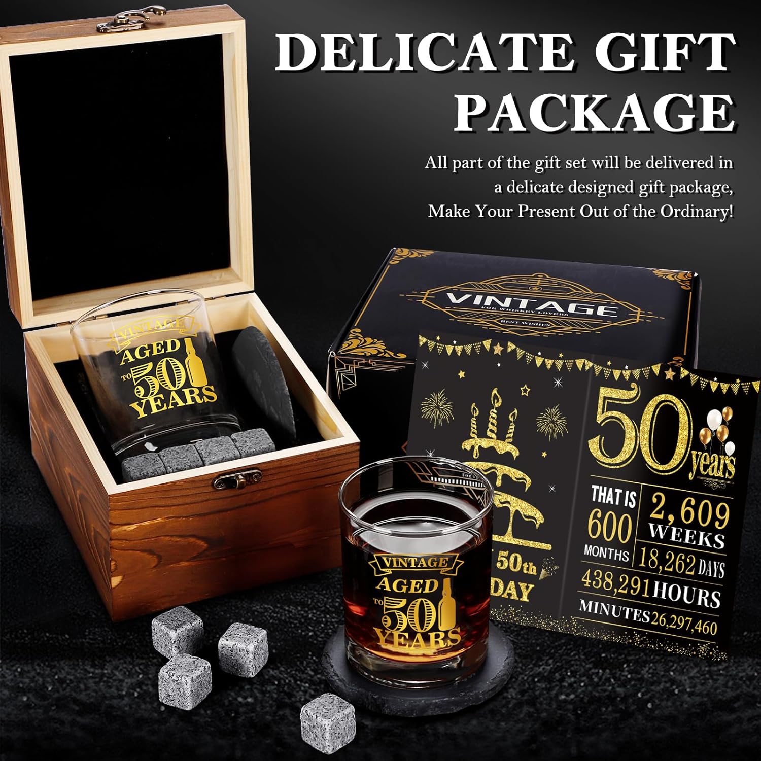50th Birthday Gifts for Men - Vintage Whiskey Glass Set, 50th Birthday Decorations for Men Gift Ideas for Him, Husband, 50 Year Old Man - Wood Box & Whiskey Stones & Coaster & Anniversary Card - Image 4