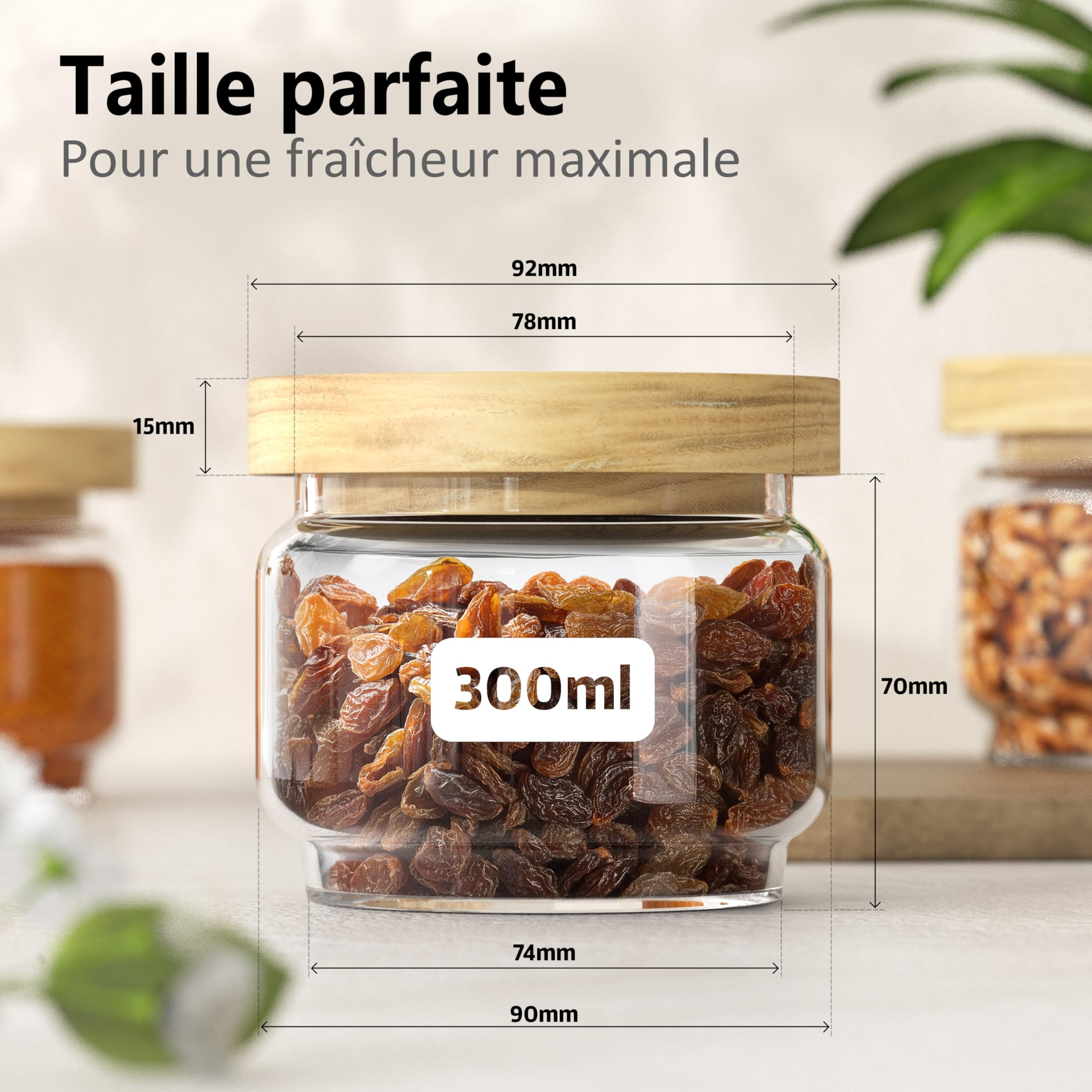 ElbFuchs® Bocaux en verre hermétiques 4x 300 ml | Sans BPA & anti-mites – Pots de conservation avec couvercle en bois | Noix, épices, thé & snacks