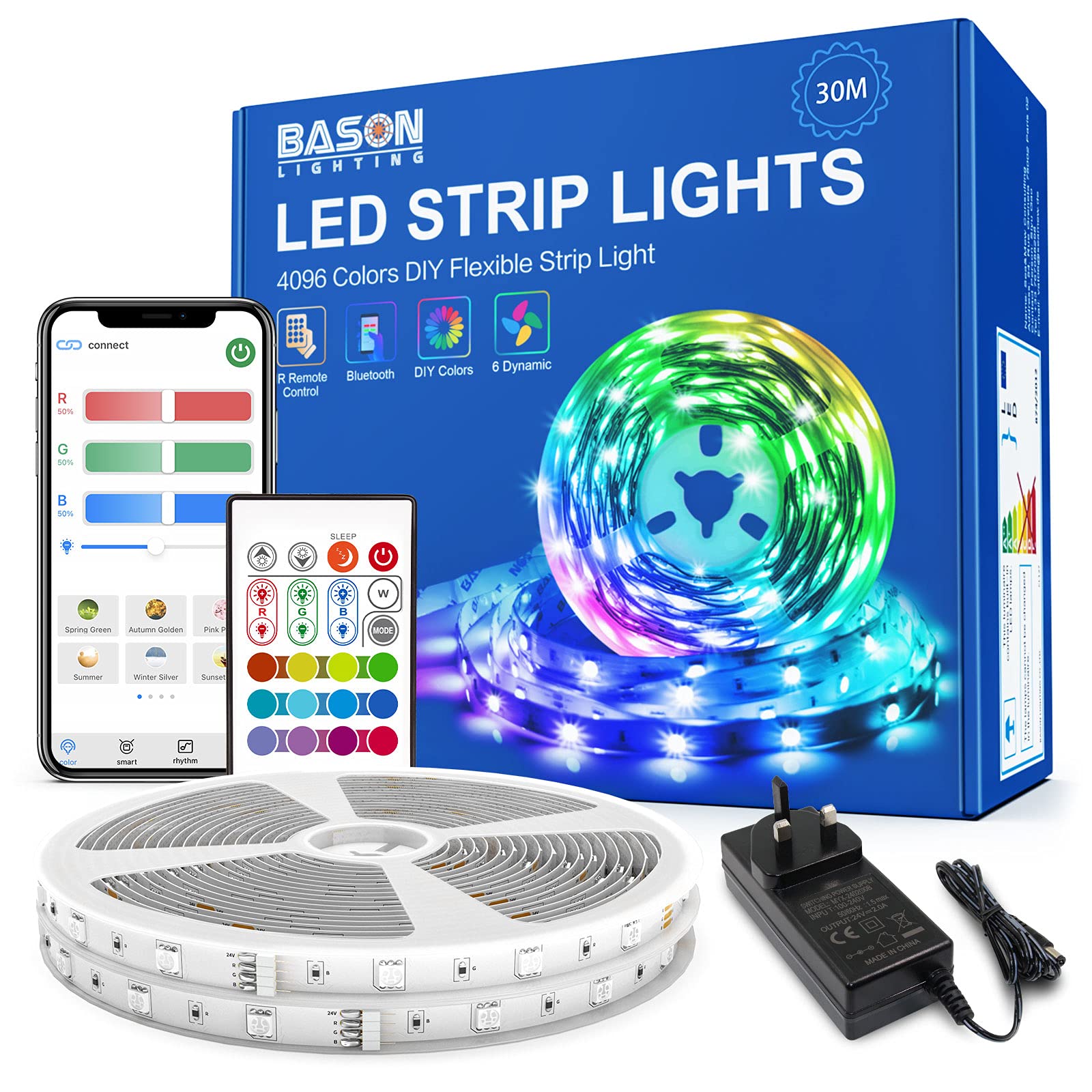 Bason Lighting 4096 Diy Color Bluetooth Led Strip Lights 30M, Bason Smart Ultra-Long Led Strips 100Ft With Remote, Color Changing Rgb Led Lights App Control Music Sync For Bedroom Home Party Bar Christmas Decoration 15Mx2