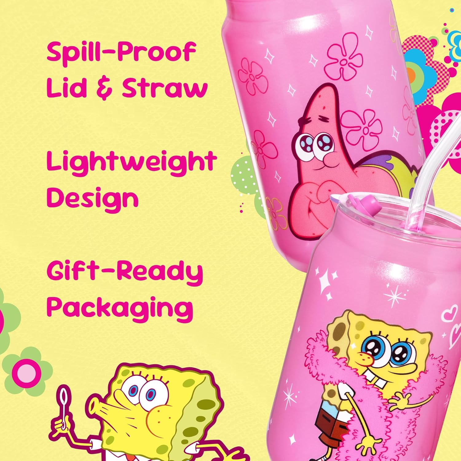 Dragon Glassware x SpongeBob SquarePants 16 oz Drinking Glasses Set of 2 - Glass Cups with Lids and Straws - Iced Coffee Cups with Lids - Reusable Glass Tumbler with Straw and Lid - SpongeBob - Pink