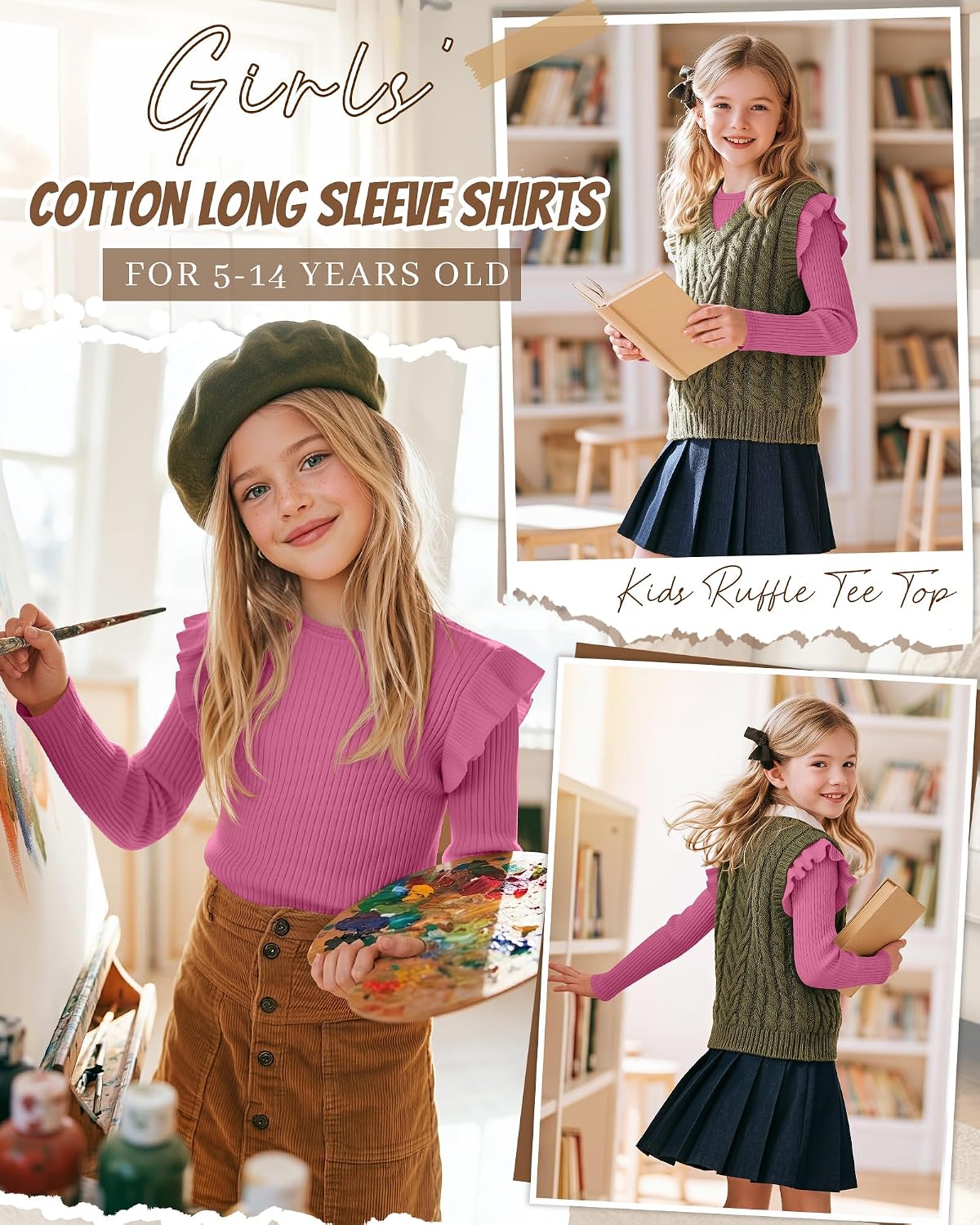Girls' Cotton Long Sleeve Ruffle Shirts 5-14Y image 3