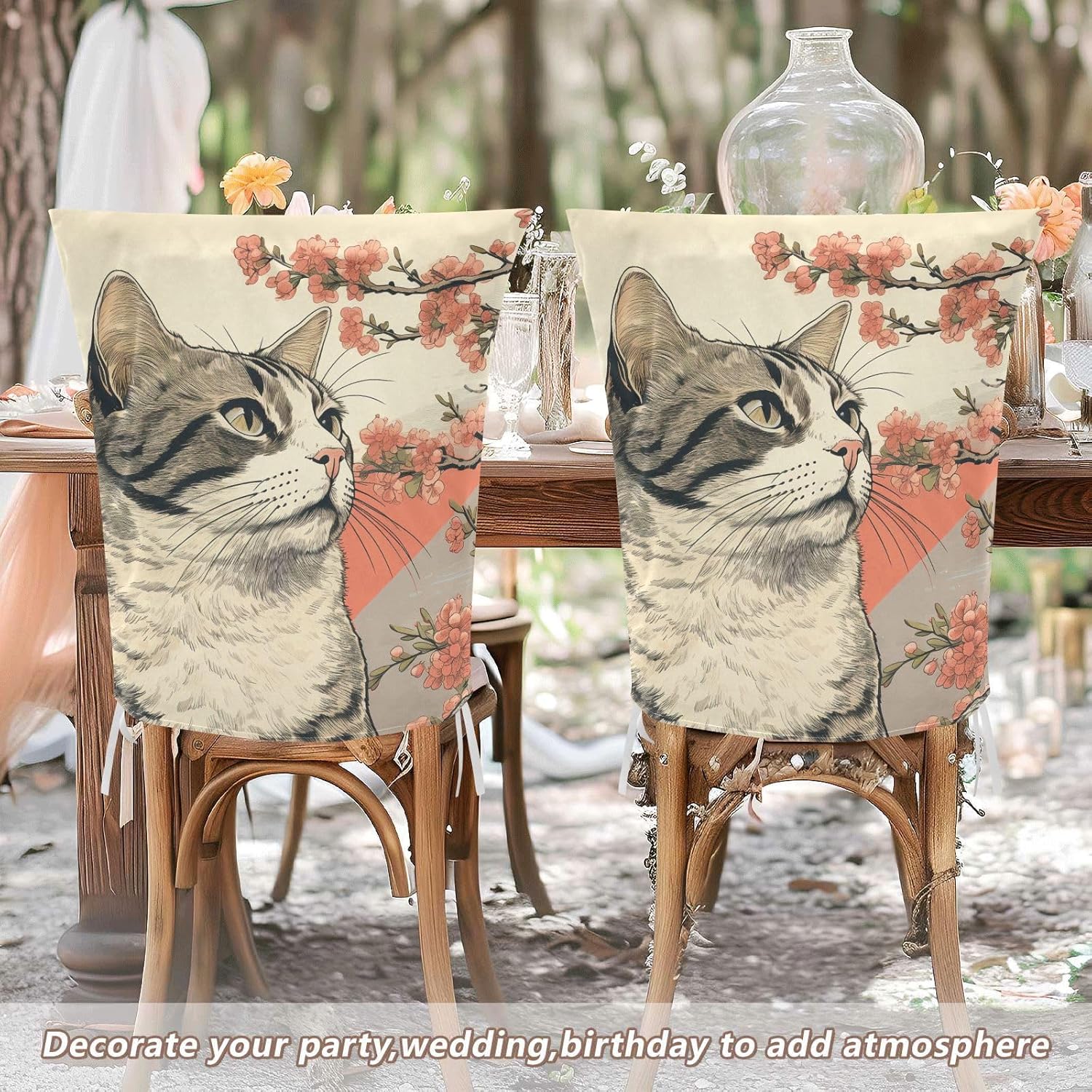 ALAZA Cat and Flowers Chair Back Cover Set of 6, Washable Reusable Removable Chair Slipcovers Decorative Chair Cover for Home Kitchen Wedding Party