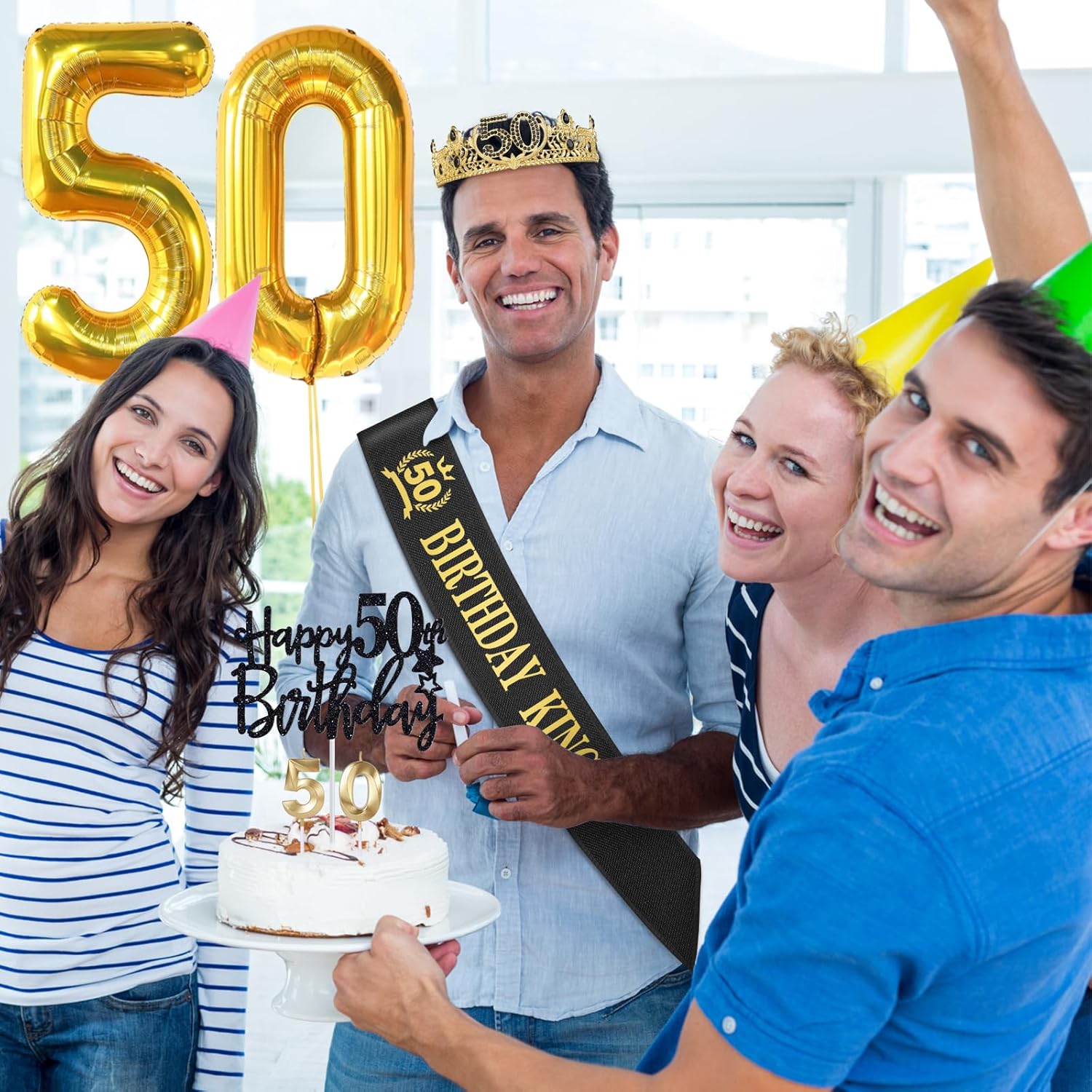 50th Birthday Gifts for Men, 50th Birthday Decorations for Men, Party Decor Supplies Including King Crown & Sash & Balloons & Cake Topper & Candles - Image 5