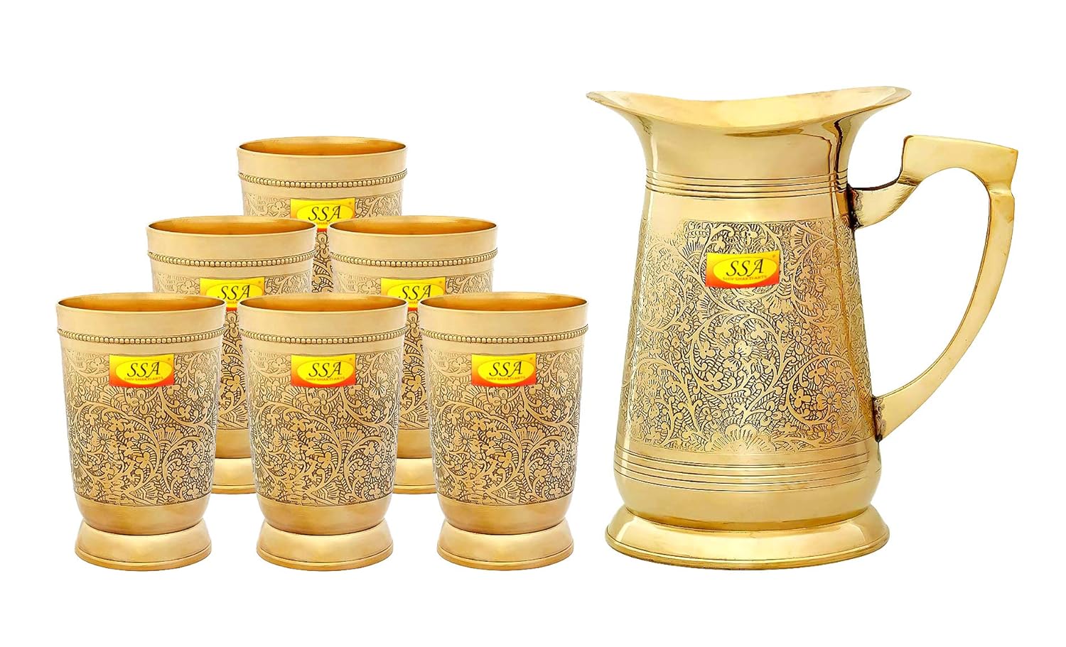 Shiv Shakti ArtsEmbossed Engraved Design 100 Pure Brass Jug Pitcher with 6 Glasses Set Drinkware Set - 2020