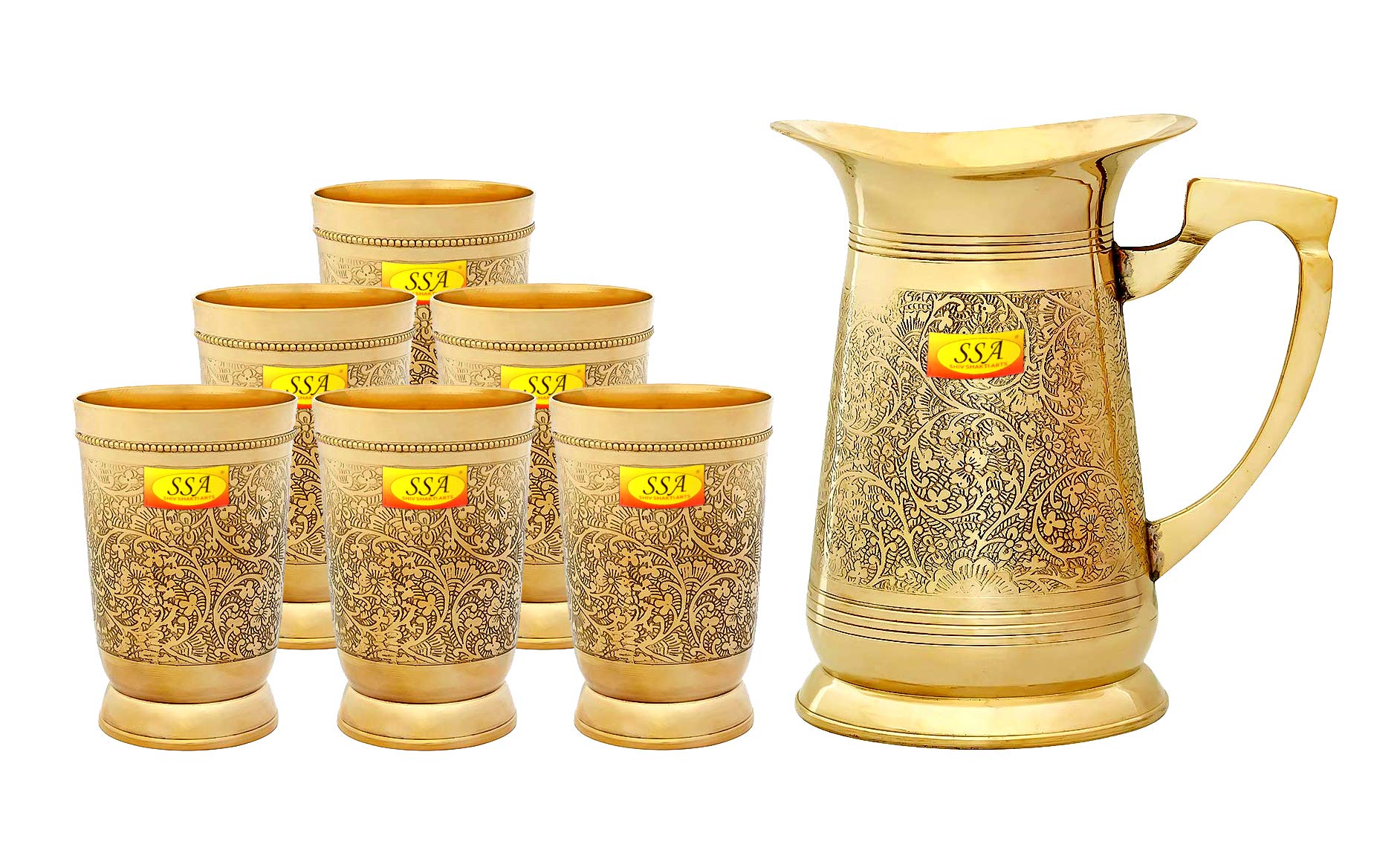 Shiv Shakti ArtsEmbossed Engraved Design 100 Pure Brass Jug Pitcher with 6 Glasses Set Drinkware Set - 2020