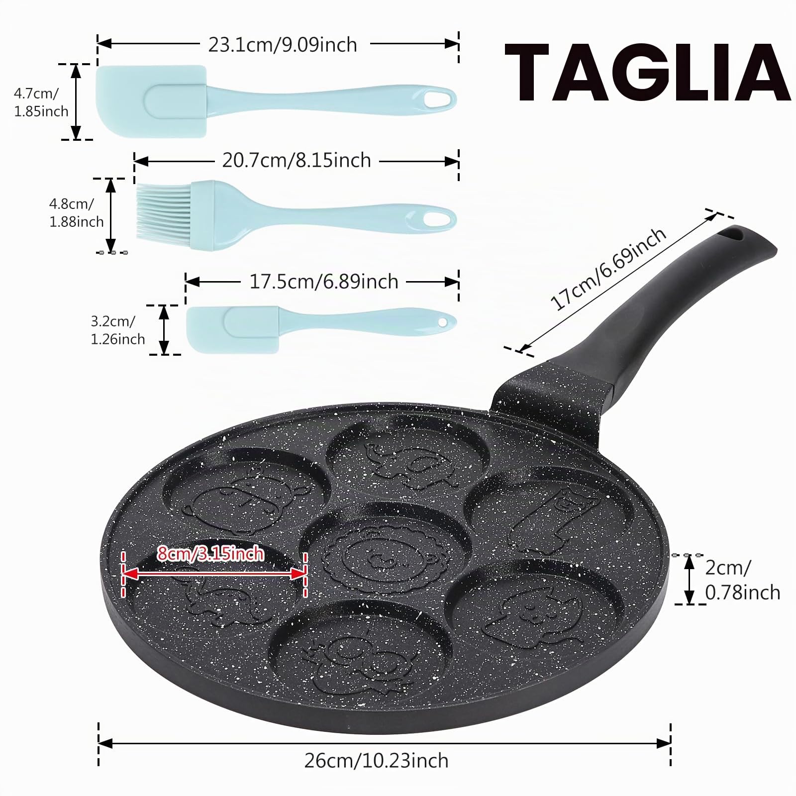 Padella per Pancake, Uova e Frittelle - 7 Fori, Pennello per Olio, Antiaderente, Diametro 26 cm