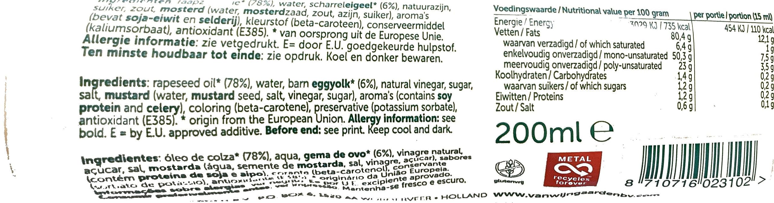 Juego de 3 Mayonesa Van Wijngaarden Zaanse de 200 ml, mayonesa holandesa para su cocina, mayonesa de los Países Bajos, Majo para ensaladas, barbacoas, etc. Holland-Box by Vriens