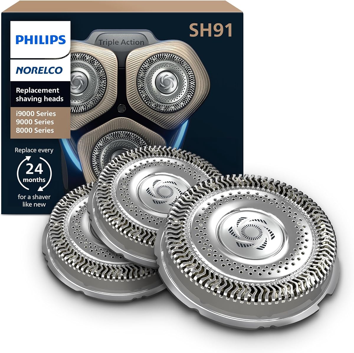 Cabezales de repuesto originales Philips Norelco, 3 unidades | 72 cuchillas duales de precisión de acero automoldeantes, compatibles con las series S8000, S9000 y SP9000, SH91/52