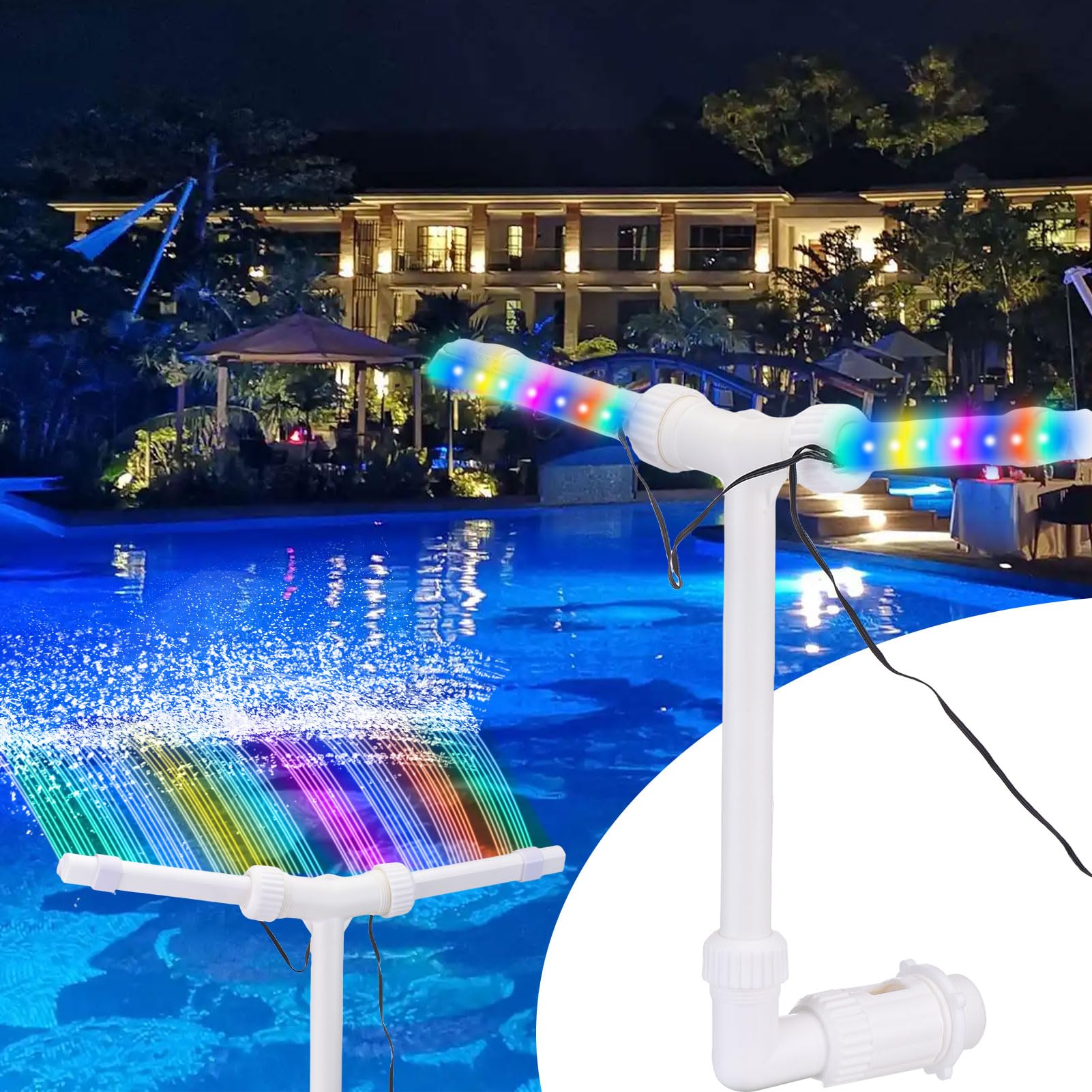 SIXRUN Fuente Solar Ajustable para Piscina con Control Remoto de Luces LED, Rociador de Cascada de bajo Consumo para Piscinas Elevadas, Batería de Litio de 1200 MAh, 7 Modos de Color