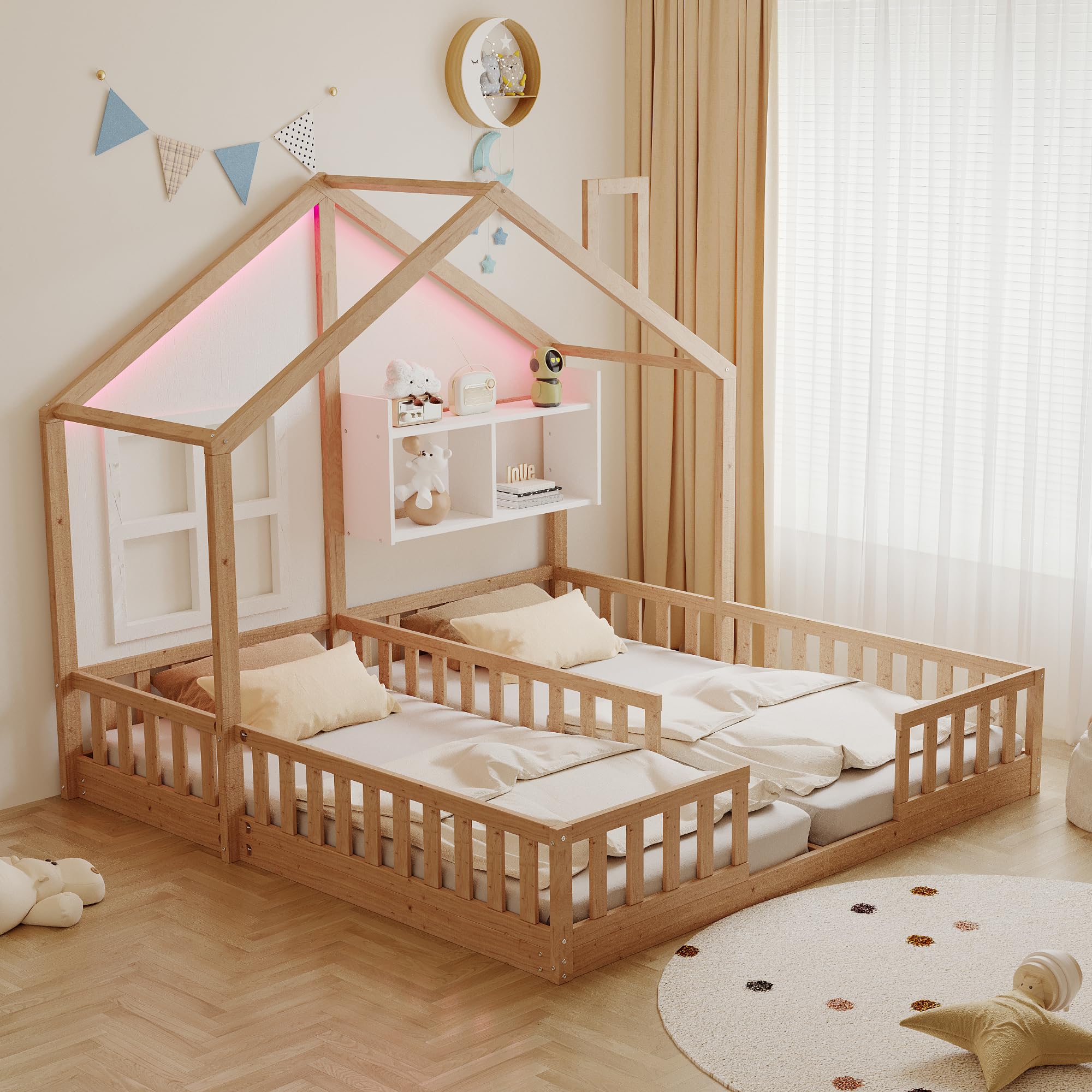 Kinderbett Bodenbett 180x200,Hausbett mit Rausfallschutz&Lattenrost,Montessori Bett mit Ablageflächen&LED-Beleuchtung,Freistehendes Doppelbett Gitterbett Bettgestell Spielbett,Ohne Matratze,Holzfarbe