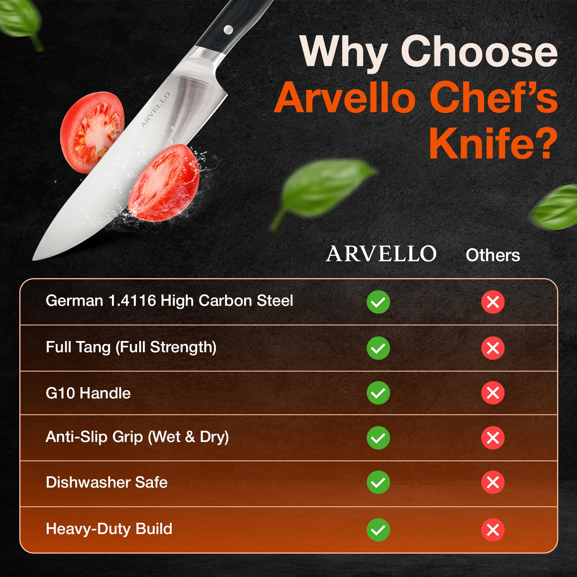 ARVELLO 8-inch Chef Knife, German High Carbon Stainless Steel Kitchen Knife — Amazon image 6