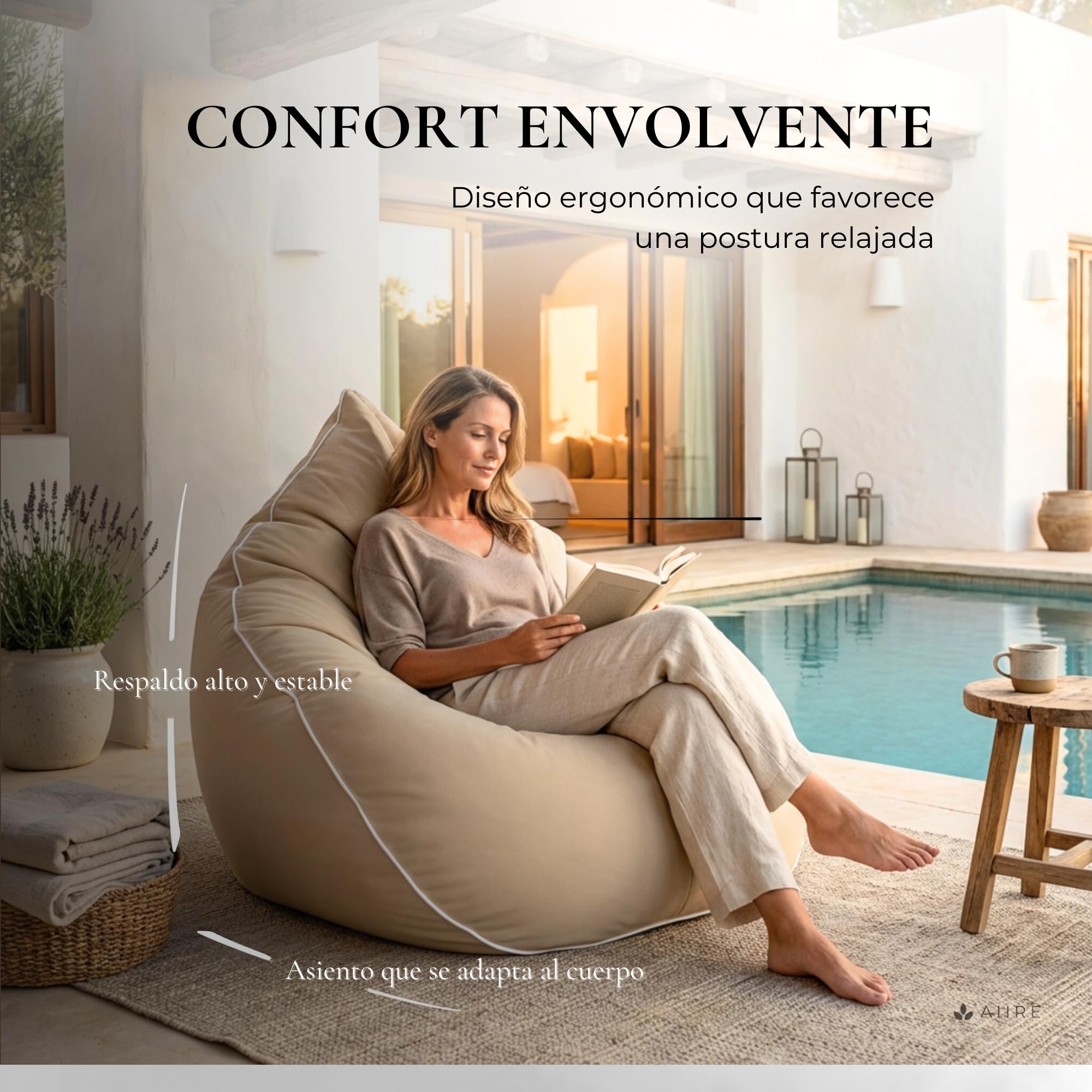 Aiire Puff Exterior Jardín en Olefina - Sofa Puf con Relleno Incluido XXL de Diseño para Terraza, Jardín o Piscina - Bean Bag Chair Salon o Decoracion Habitacion Juvenil Beige [100x100x90]