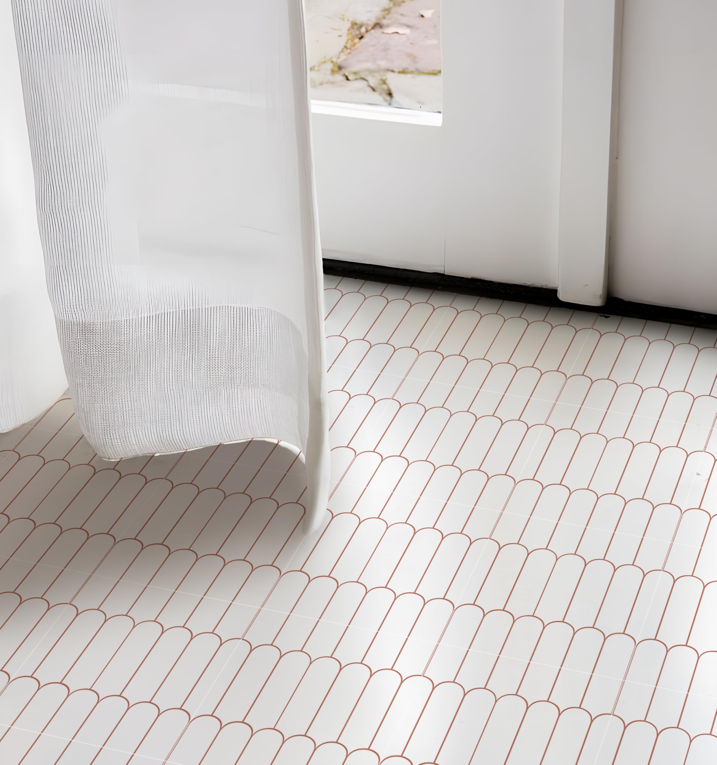 Alwayspon Peel and Stick Floor Tiles, 20cm/8inch×20Sheet Waterproof Removable Non-Slip Vinyl Plank Flooring Tile for Bathroom Kitchen Bedroom, Renter Friendly Floor Decor DIY, White Retro Red Arch