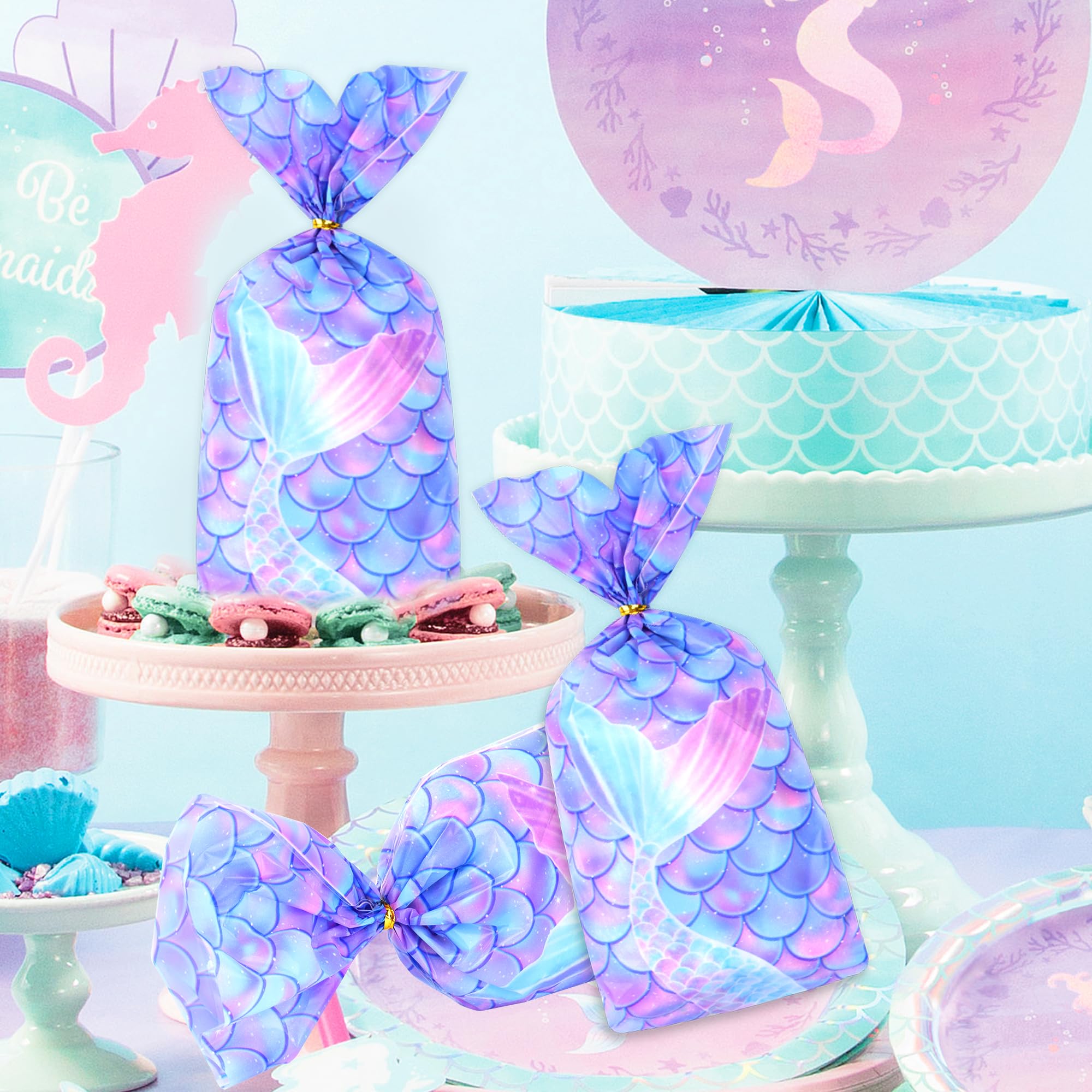 Mikzhskr Mermaid Party Favors - 30 Pcs Decorations, Cookie Goodie Candy Gift Bags, Little Mermaid Cellophane Treat Bags With 30 Pcs Gold Twist Ties for Birthday Party Supplies