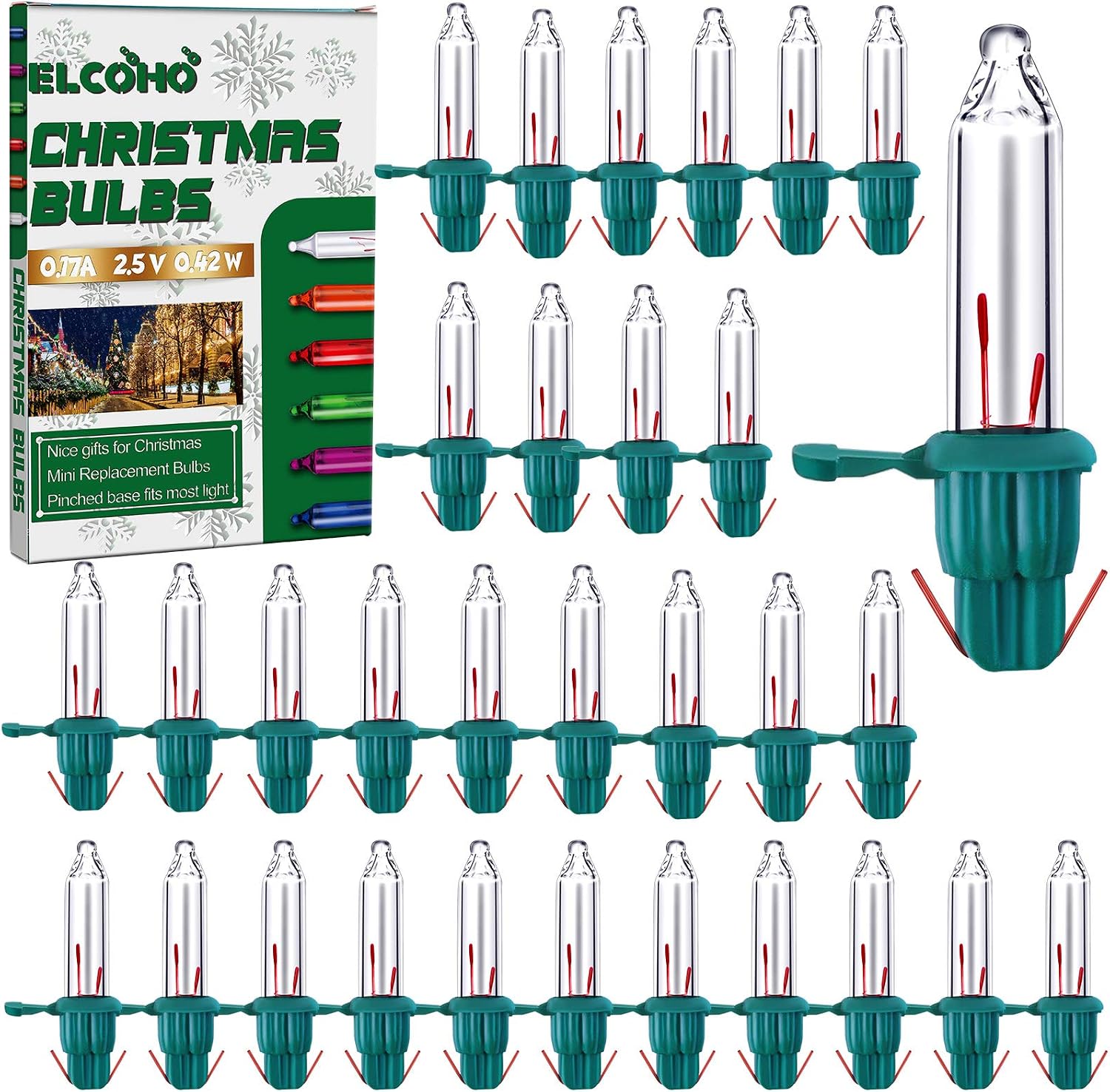 ELCOHO 100 Pieces 2.5V Clear Mini Christmas Replacement Bulbs, 170 mA, 0.42 Watt Bulbs with Pinched Green Base for Christmas Trees and Incandescent String Lights Set Supply
