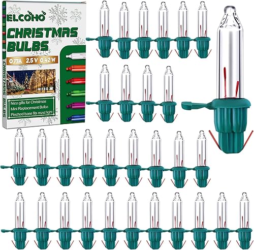 ELCOHO 100 mini bombillas de repuesto de Navidad transparentes de 2.5 V, 170 mA, bombillas de 0.42 W con base verde pellizcada para árboles de