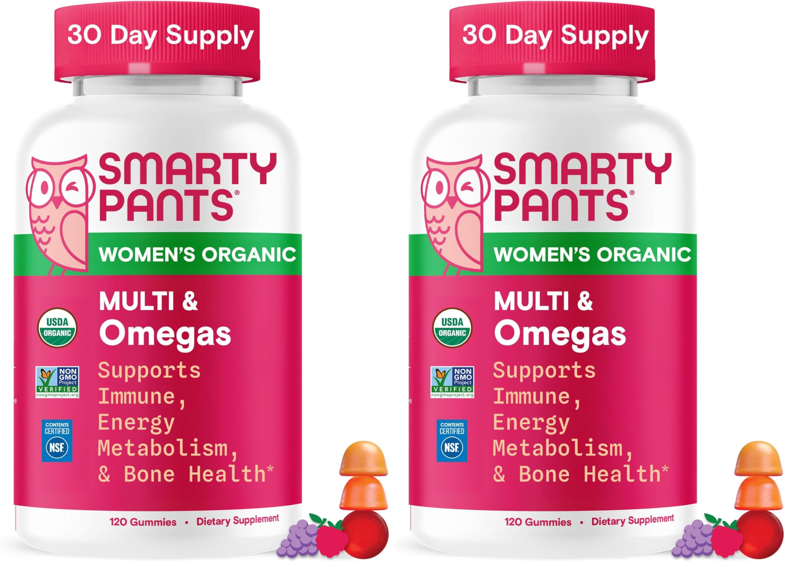 SmartyPants Organic Women's Multivitamin Gummies: Biotin, Methylfolate, Omega 3 (ALA), Vitamin D3,C,B12,B6,A,K & Zinc, Inositol, Gluten Free, Vegetarian, 120 Count (30 Day Supply)(Pack of 2) 1 Count (Pack of 2) Organic
