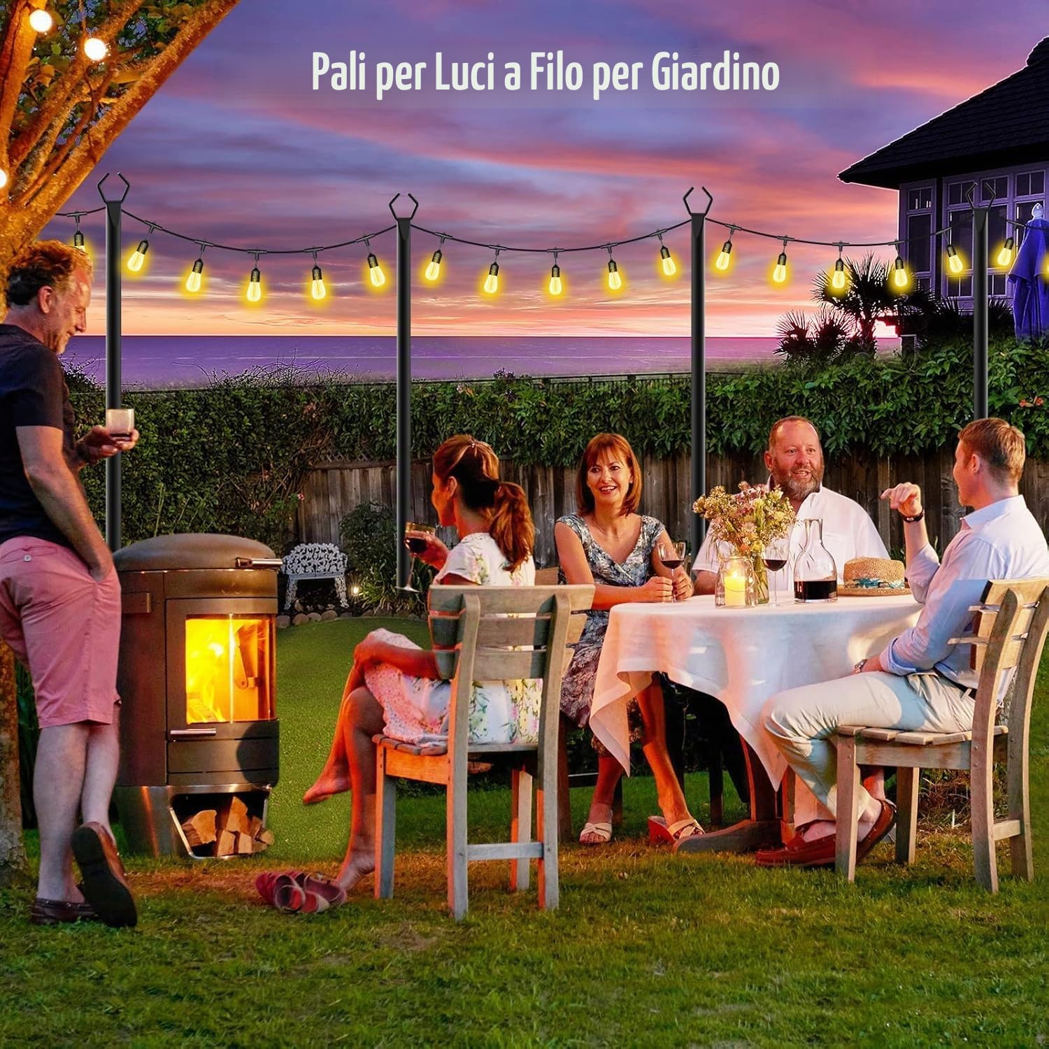 Pali di Supporto per Luci Esterno, 2 Pezzi 3M (10FT) per Ghirlande Luminose da Giardino, Pali in Metallo con Base a 5 Raggi, Antiruggine e Facile Installazione per Terrazzo, Feste e Decorazioni