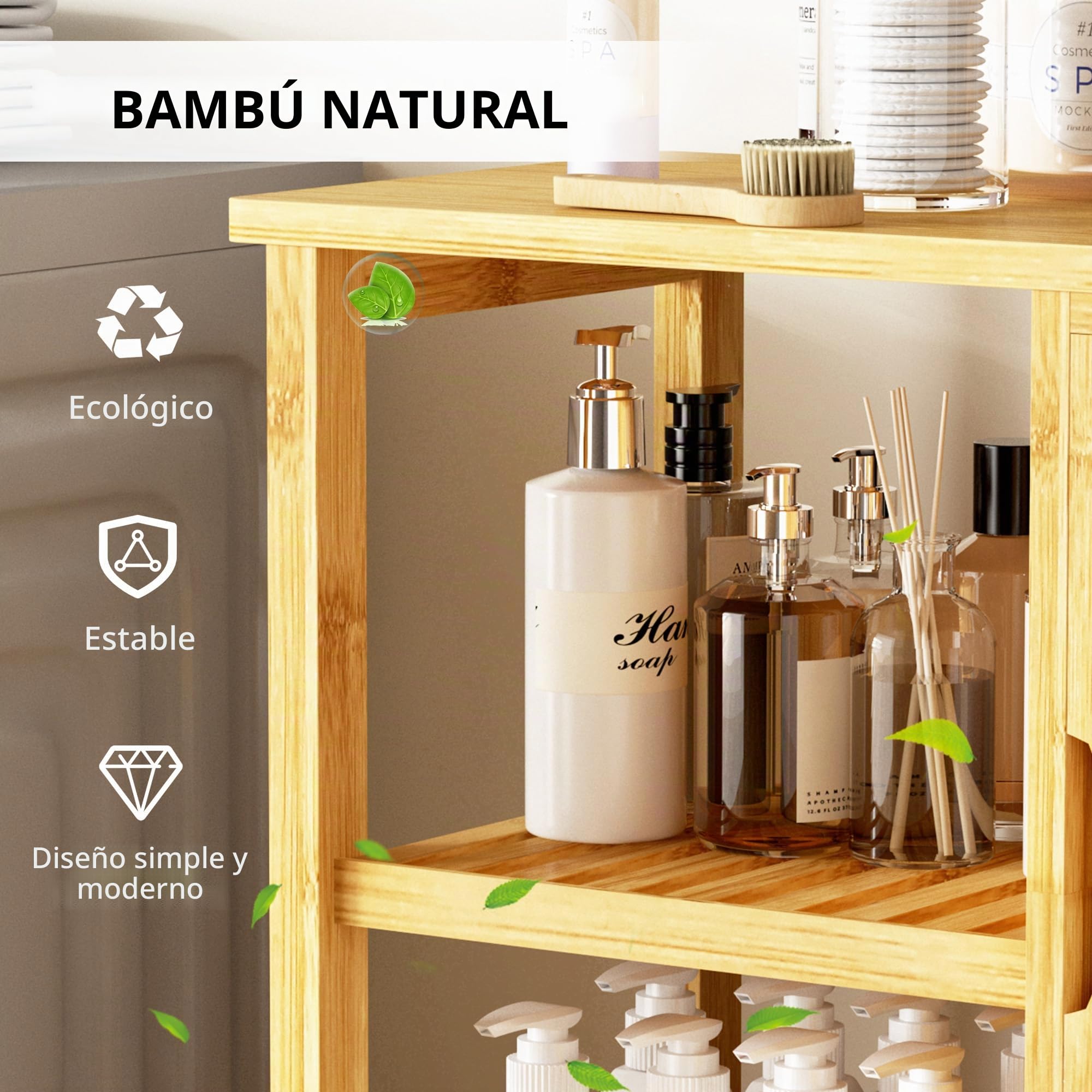SogesPower Gabinete de Almacenamiento de Piso de baño con Puerta y estantes, Organizador de Almacenamiento Independiente con Puerta de Obturador, gabinete de bambú de 3 Niveles para Cocina, Sala