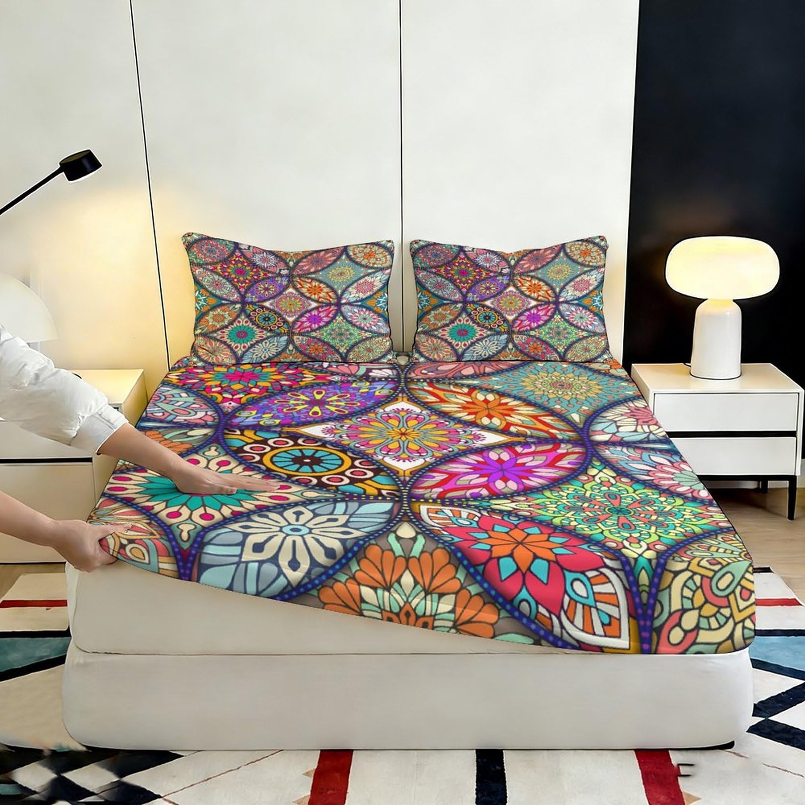 3D Printed Boho Geometrisch Spannbettlaken, Microfaser Bettbezug