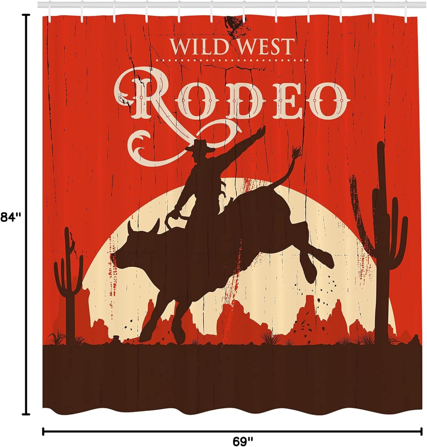 Ambesonne Vintage Shower Curtain, Rodeo Cowboy Riding Bull Wooden Old Sign Western Style Wilderness at Sunset Image, Cloth Fabric Bathroom Decor Set with Hooks, 69" W x 84" L, Orange Brown