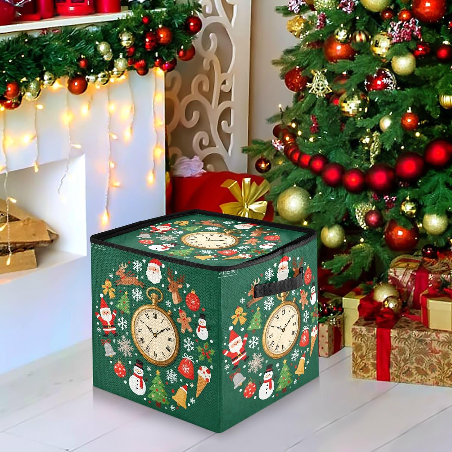 High Capacity Christmas ornament storage Holds Up to 64, Adjustable Dividers, Zippered Top, Two Handles foldable Holiday Storage Case with Lid,Merry Christmas Vintage Pocket Watch Green