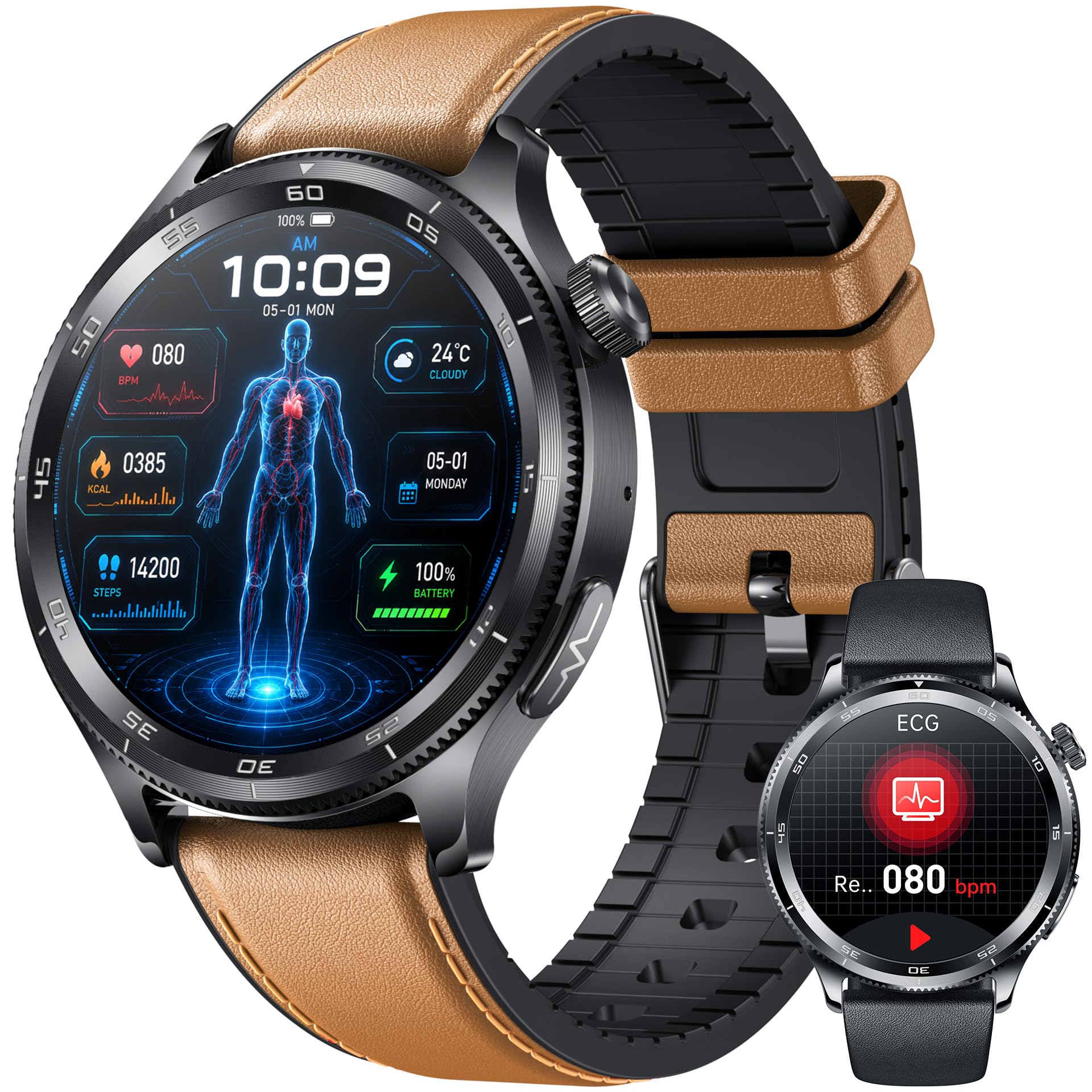 Orologio Smartwatch Uomo con Cardiofrequenzimetro Salute: 1.43“ Intelligenti Orologi con Bluetooth ECG HRV SpO2 Sonno Pressione Sanguigna 100+ Modalità Sportive Fitness Watch Compatibile Android e iOS