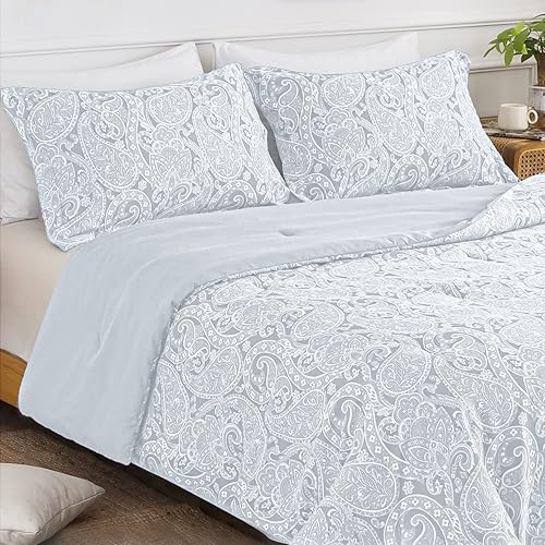 Miniatura 1 de KACEMOO Juego de edredón de cachemira gris Queen  Juego de edredón de microfibra ligera con estampado floral bohemio, suave, transpirable, patrón