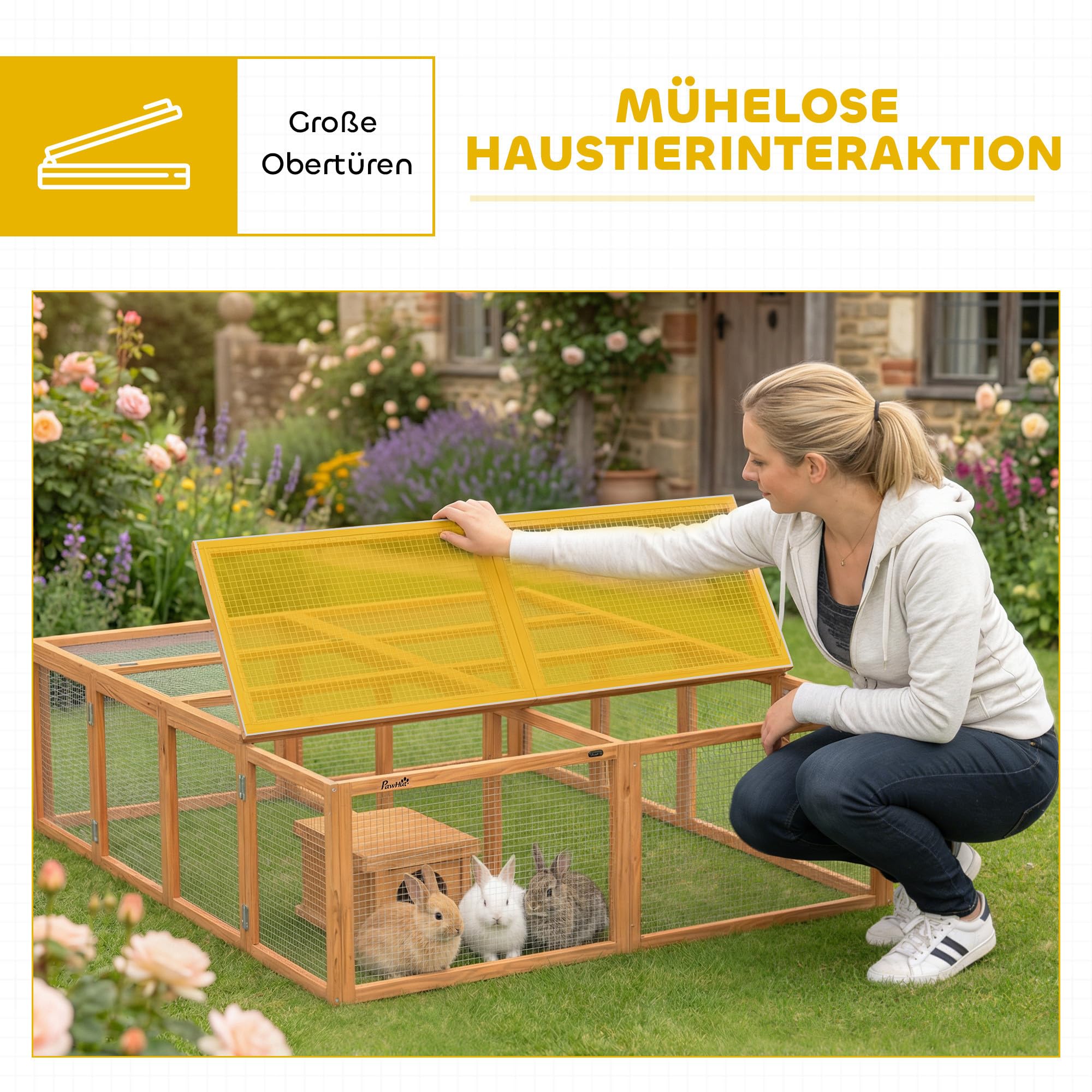 PawHut Freilaufgehege Kaninchenstall aus Holz mit 2 Türen 180,4 x 150 x 48 cm Hasenstall mit Unterschlupfhaus Freigehege für 2-4 Zwergkaninchen Zwergmeerschweinchen Enten Orange