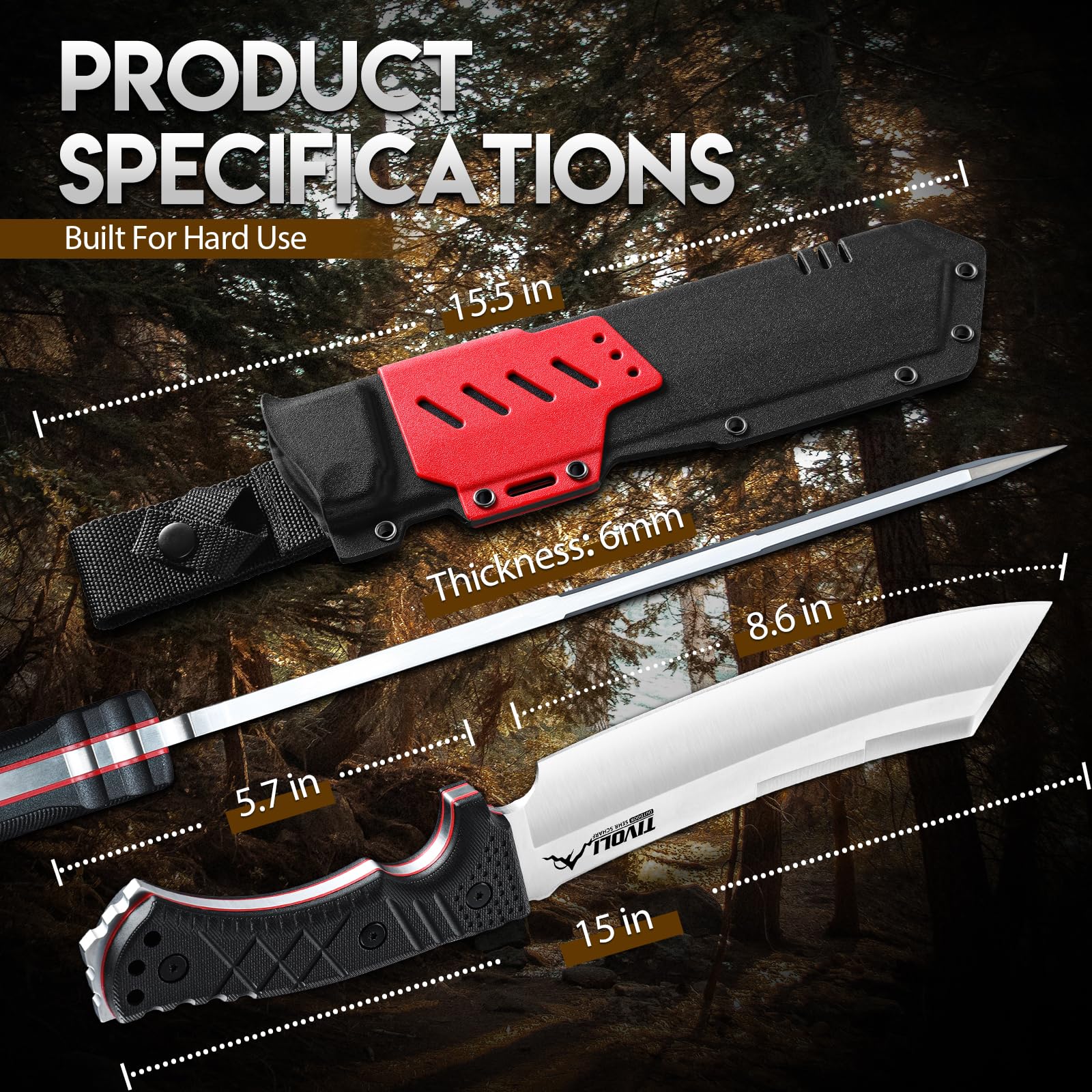 TIVOLI Feststehendes Outdoor Messer 440C Edelstahl, Bushcraft Messer Full Tang mit G10 Griff, robust und scharf, für Camping, Wandern