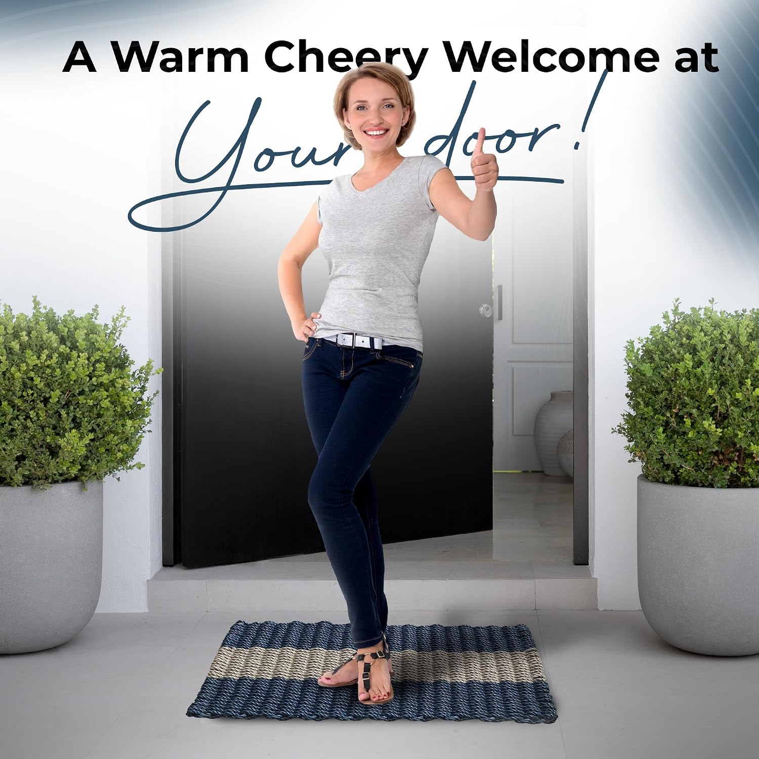 Outdoor Door Mat, The Original Lobster Rope Doormat, All Weather Mats, Woven Door Mat from Nautical Rope, Front Door Welcome Mats, (Navy with Dark Tan Stripe, 18 x 30)