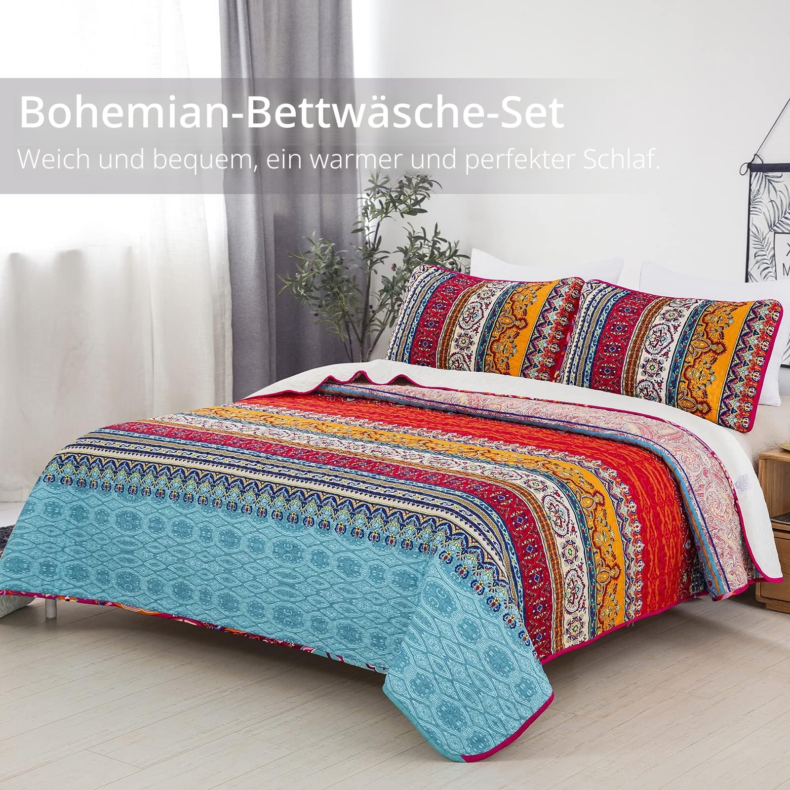 WONGS BEDDING Tagesdecke 220x240 Bettüberwurf Boho Steppdecke 3-teilig Mikrofaser mit 2 Kissenbezug 50x70