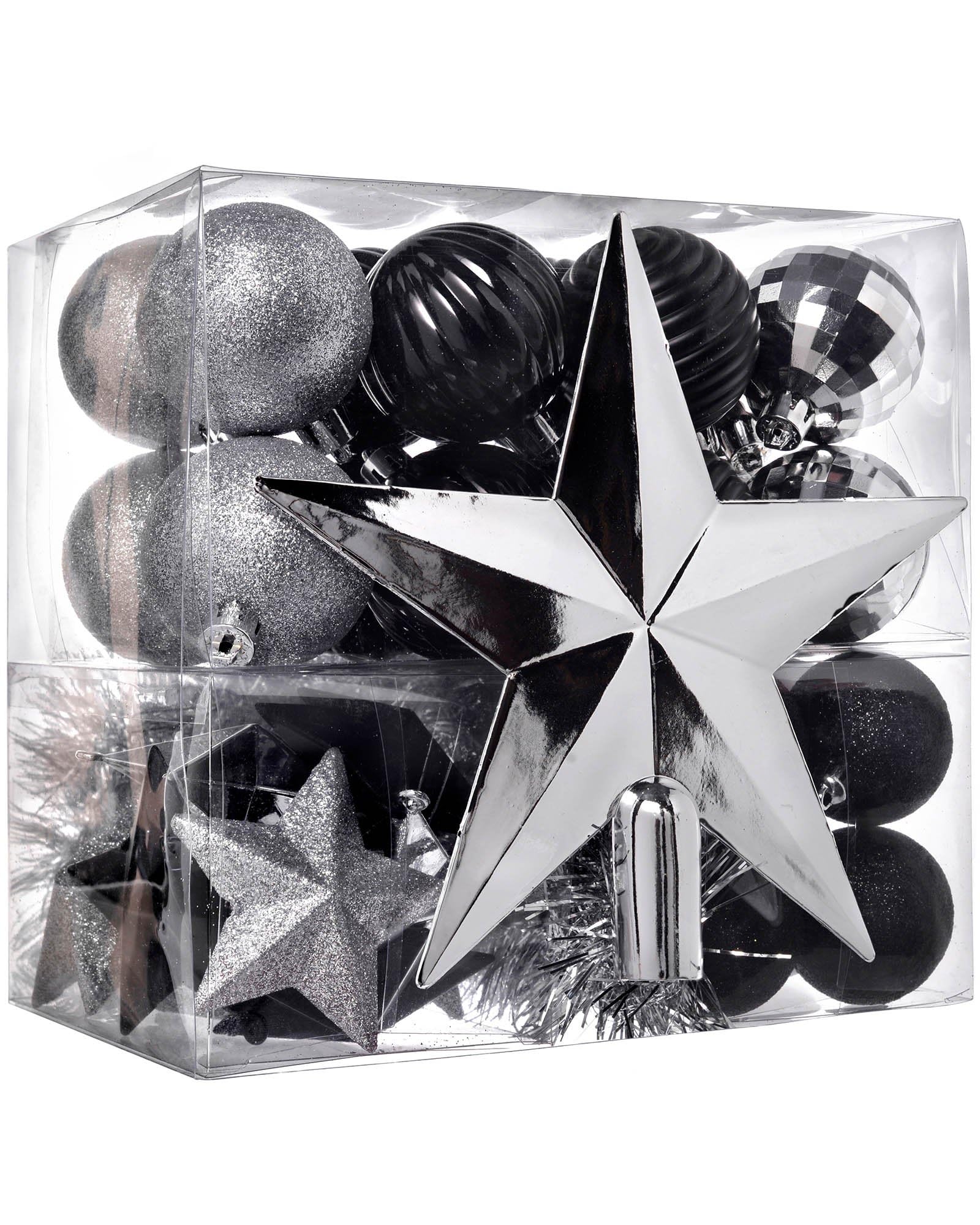 WeRChristmas 42-Piece Shatterproof Baubles Decoration Pack with Tree Topper & Garland - Silver / Black, Multi-colour