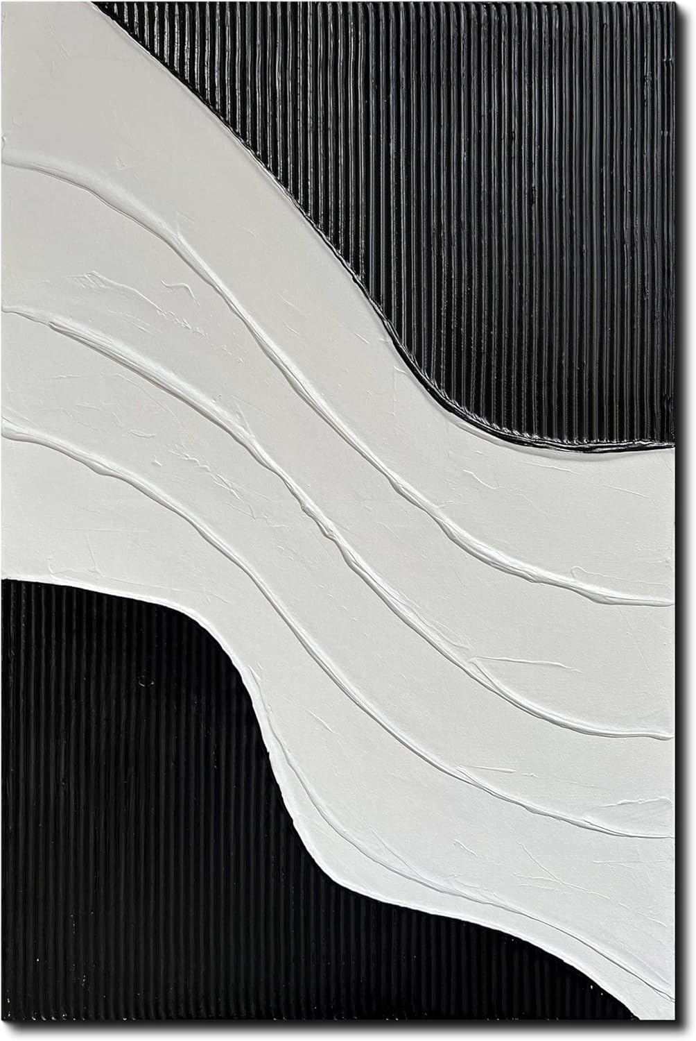 Creespi Hand-Painted Black and White Abstract Canvas Wall Art,Minimalist Thick Textured Oil Painting for Wall Decor 24x36 inch