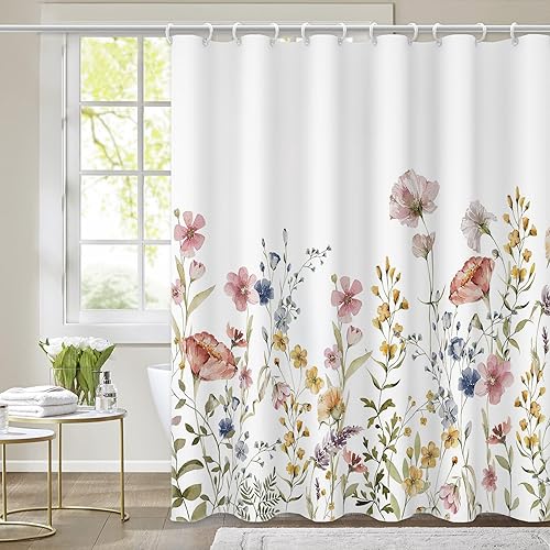 Felortte Juego de cortinas de ducha de poliéster de 72 x 72 pulgadas con flores silvestres coloridas y naturales, para decoración de baño, bañera,