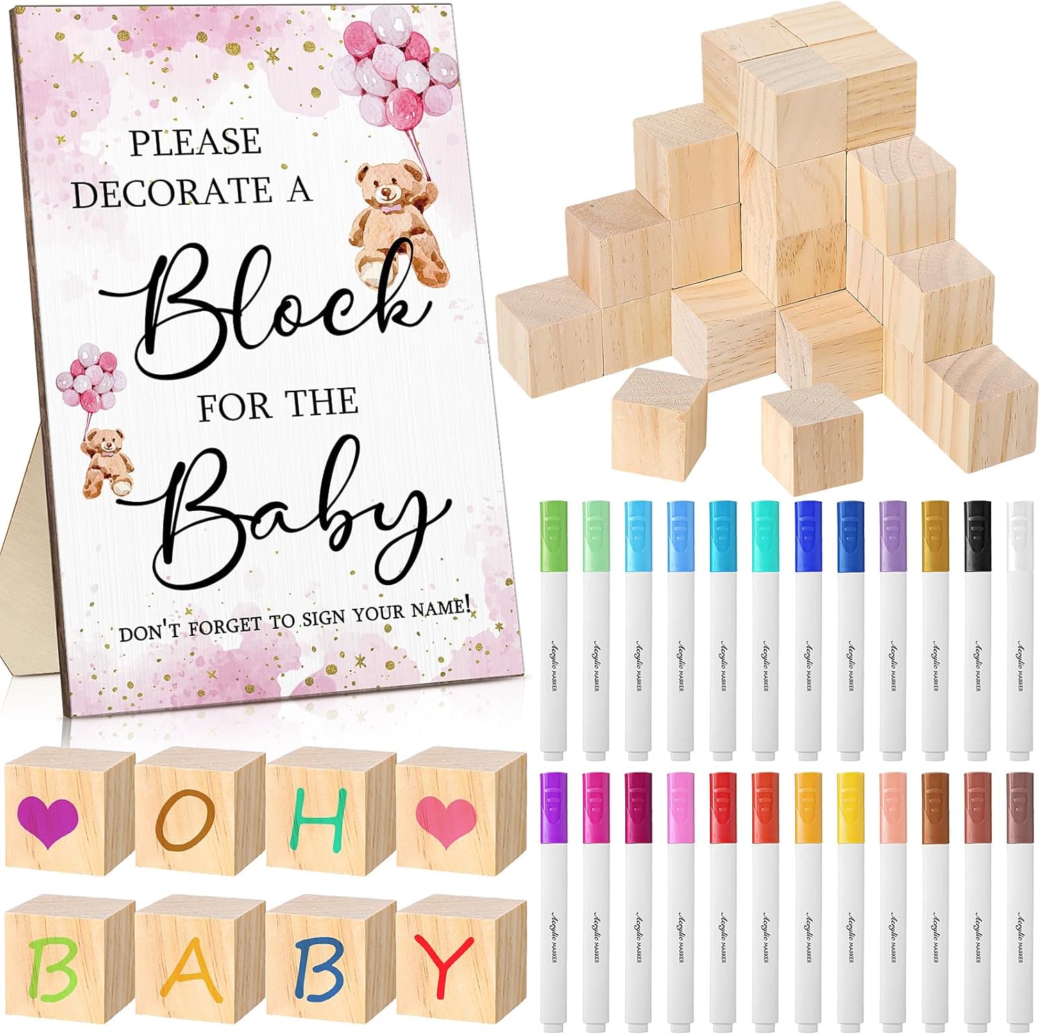 Roowest 75 Pcs Babyshower Party Games Kit Including Decorate a Block Game Sign 50 DIY Blank Wooden Block 24 Acrylic Paint Marker Gender Reveal Prize for Winners, Bear